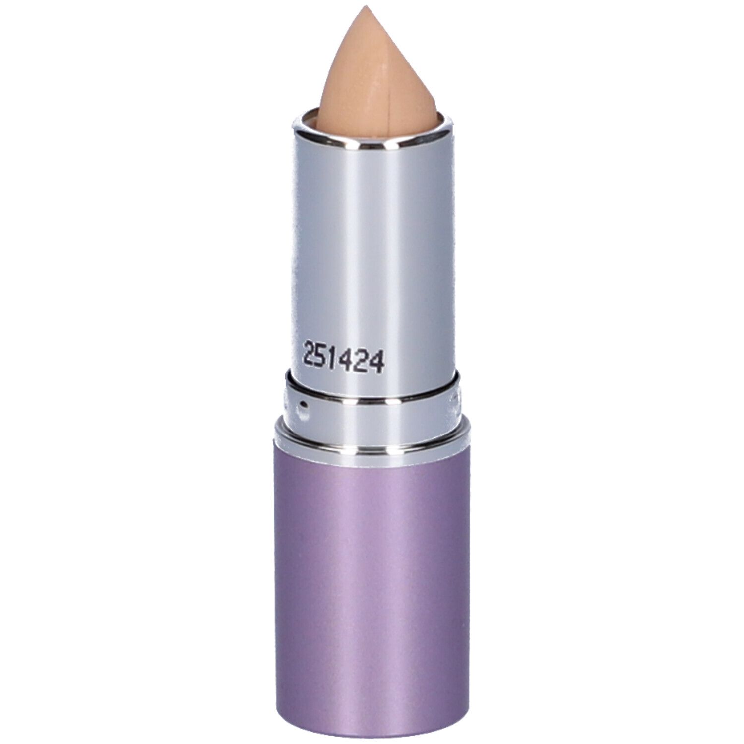 Stick correttore beige con corpo argento e astuccio viola. Lo stick è estratto.