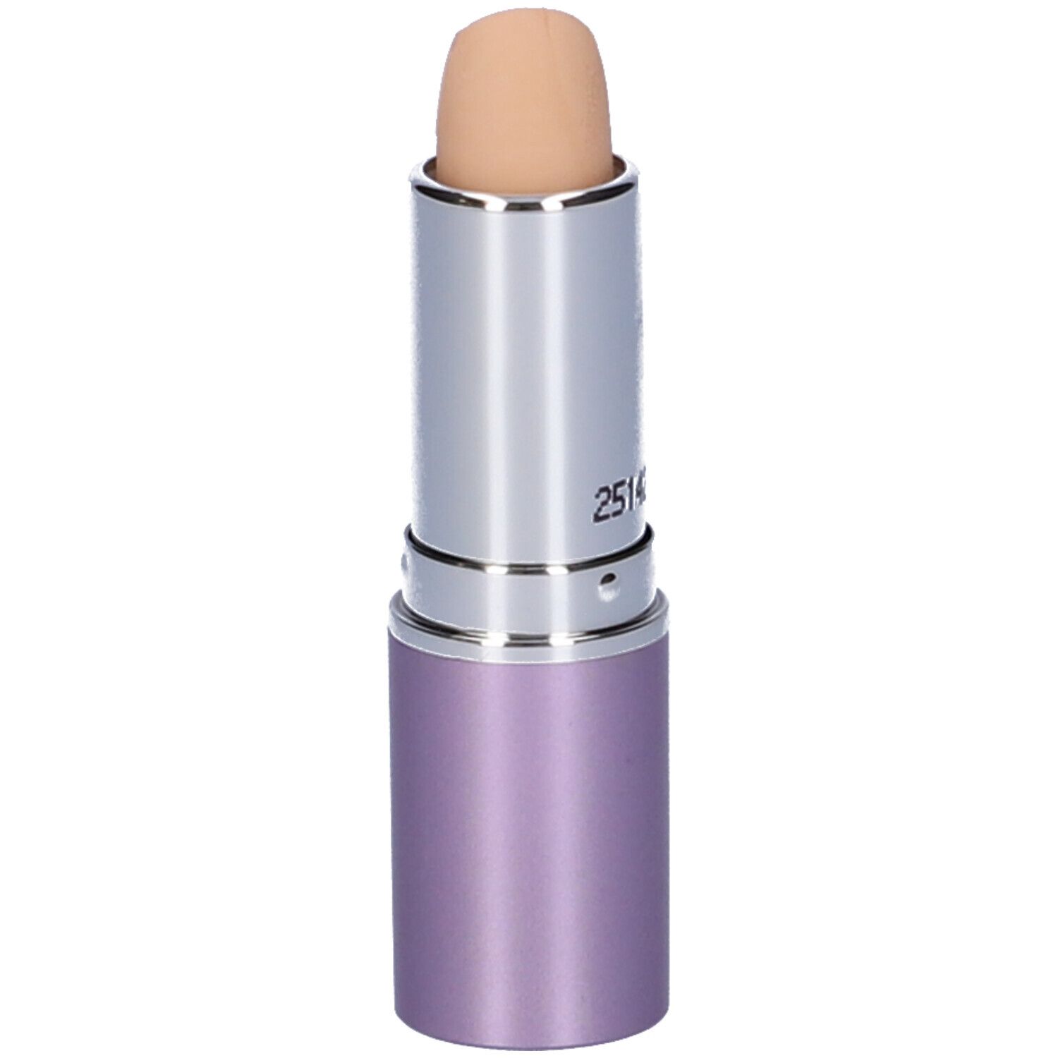 Stick correttore beige con corpo argento e astuccio viola. Lo stick è estratto.