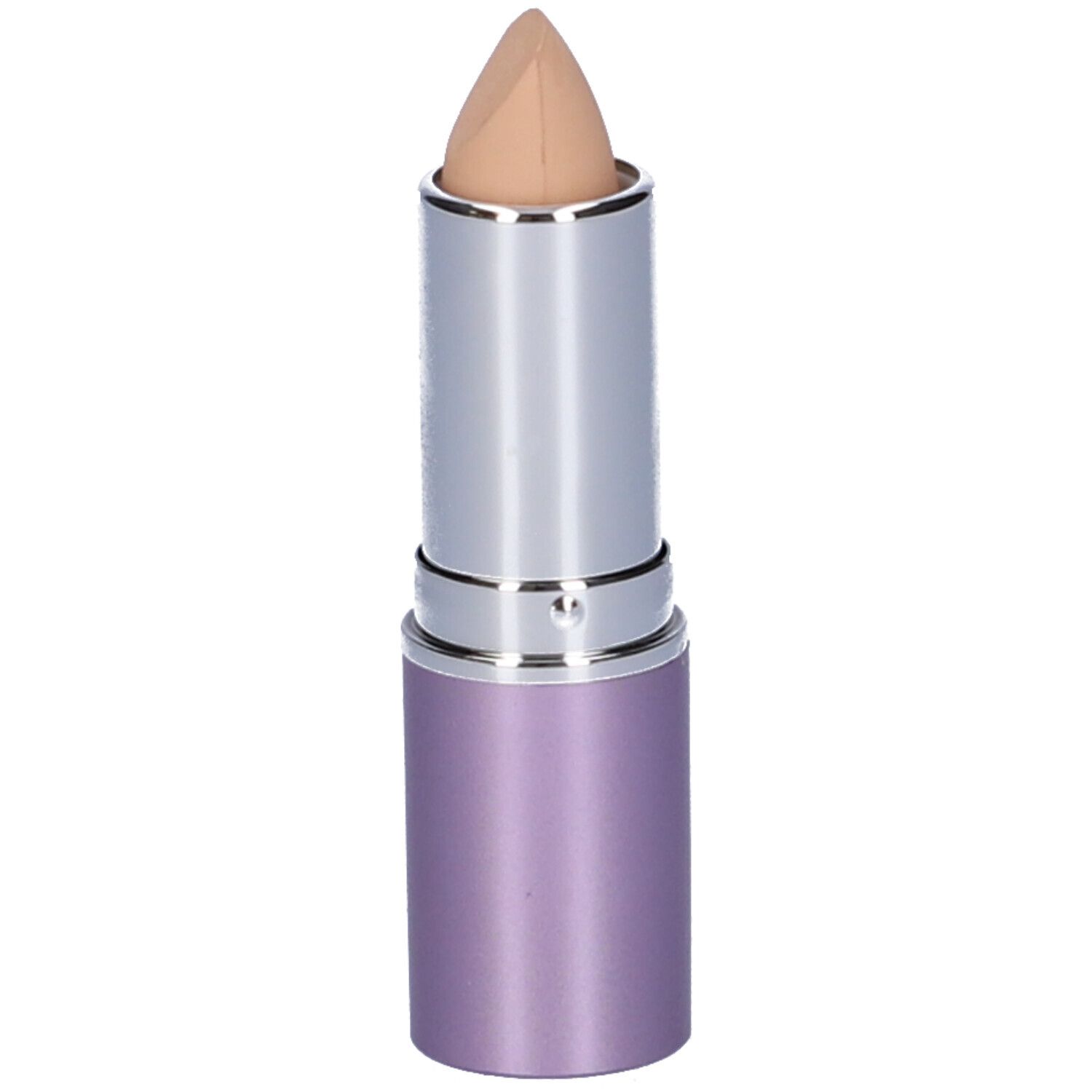 Stick correttore beige con corpo argento e astuccio viola. Lo stick è estratto.