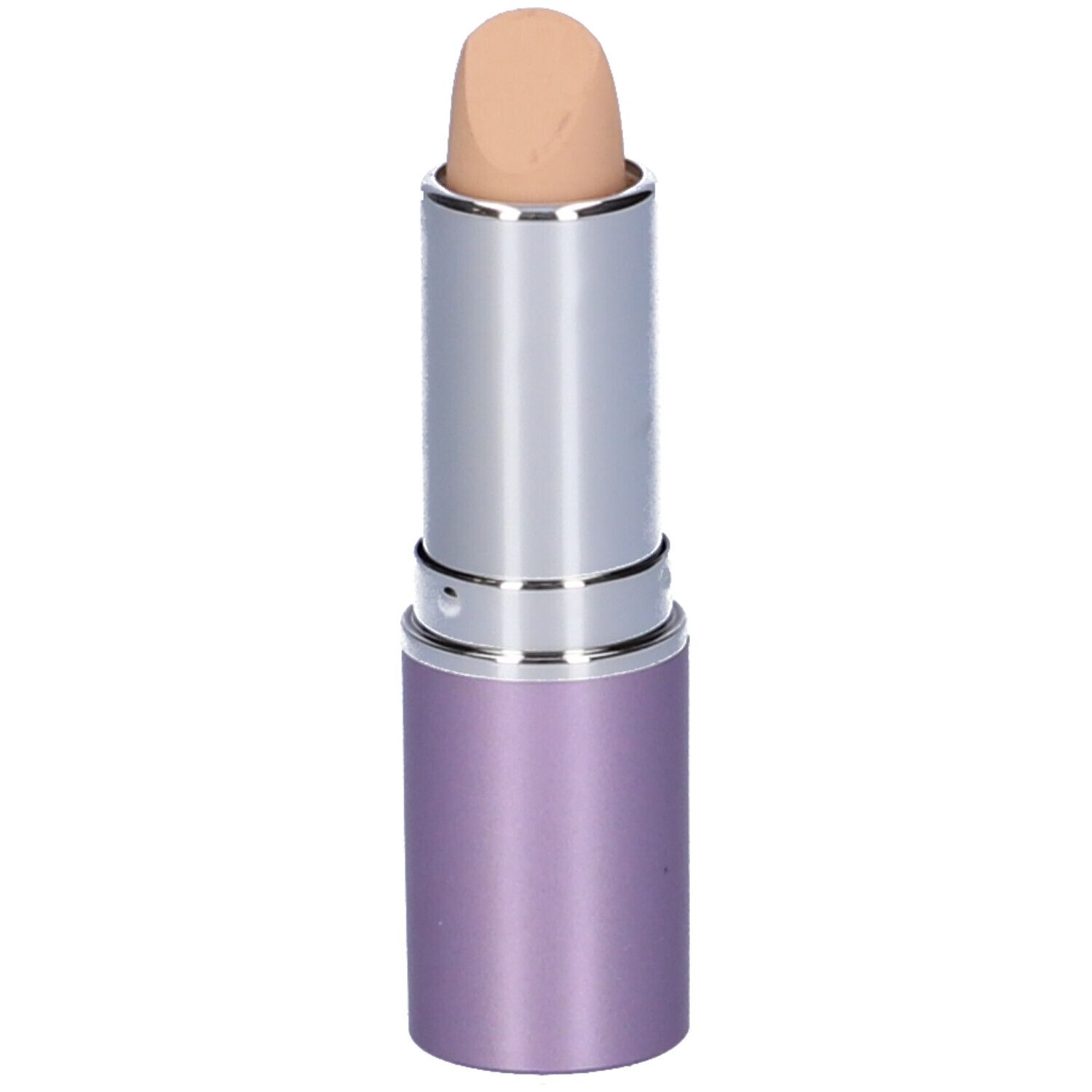 Stick correttore beige con corpo argento e astuccio viola. Lo stick è estratto.