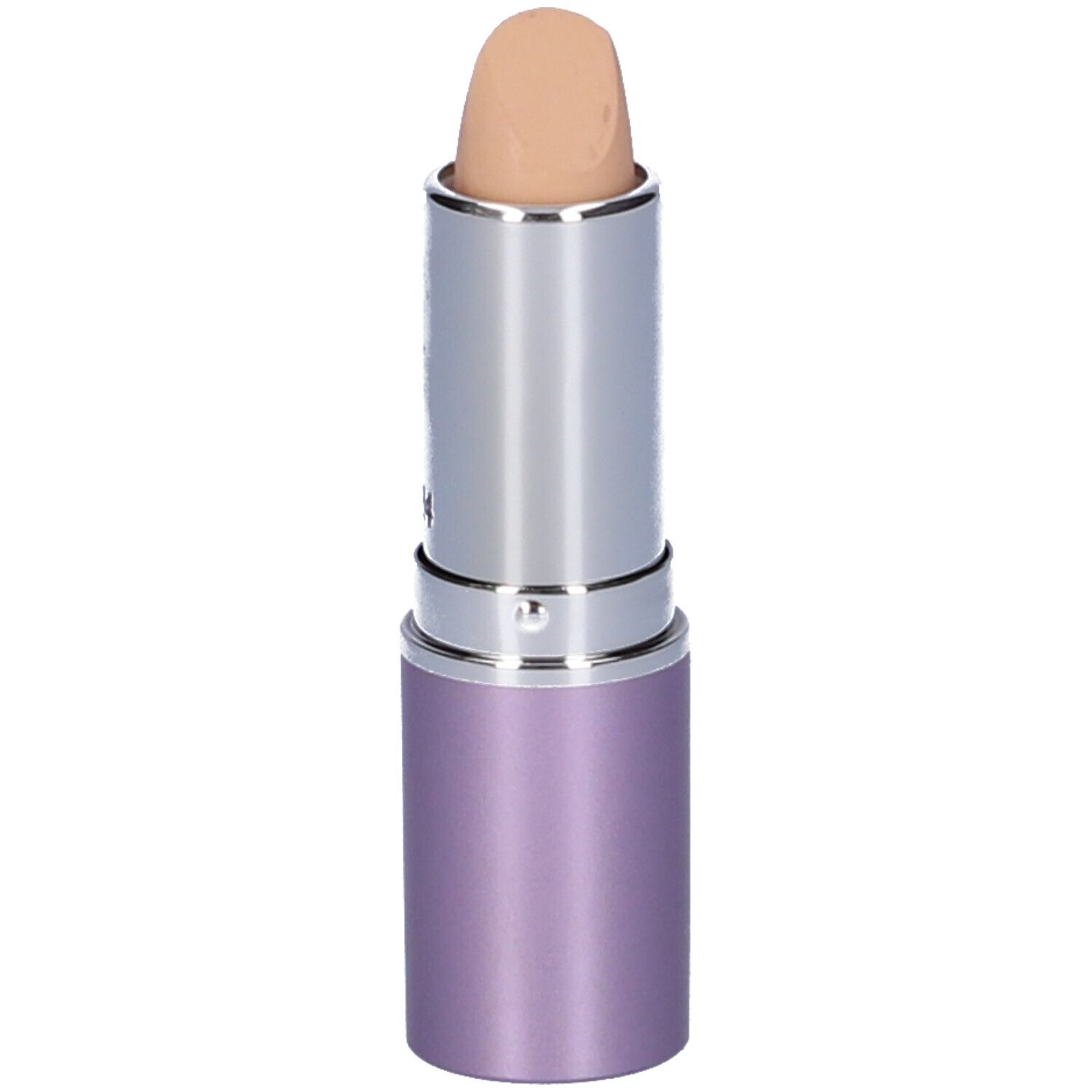 Stick correttore beige con corpo argento e astuccio viola. Lo stick è estratto.