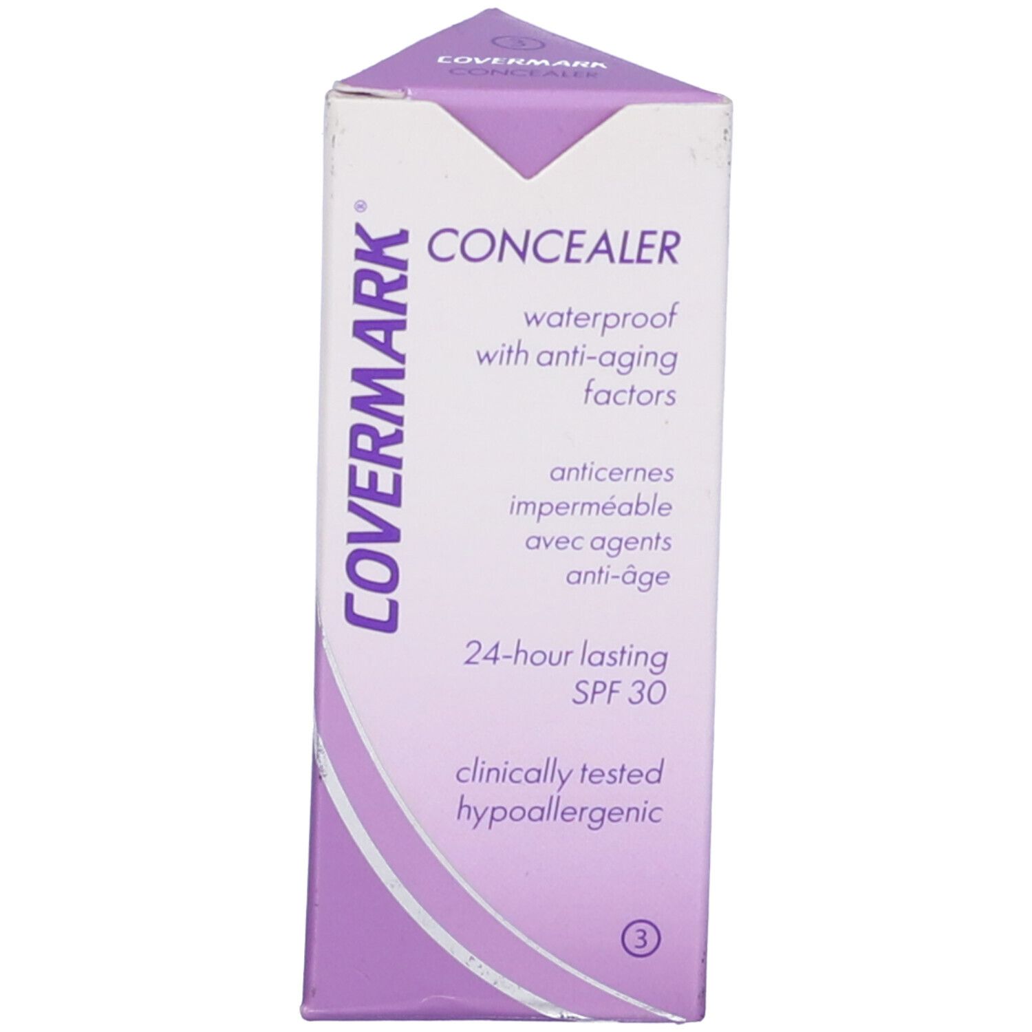 Confezione viola con testo: COVERMARK CONCEALER, waterproof, anti-età, 24 ore, SPF 30.