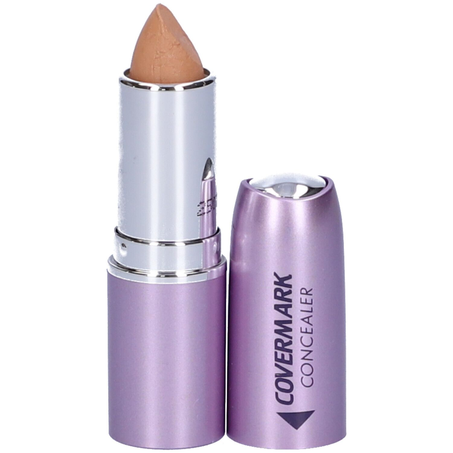 Covermark Correttore Stick, colore 5. Astuccio lilla, fusto argentato. Aperto, punta beige del correttore visibile.