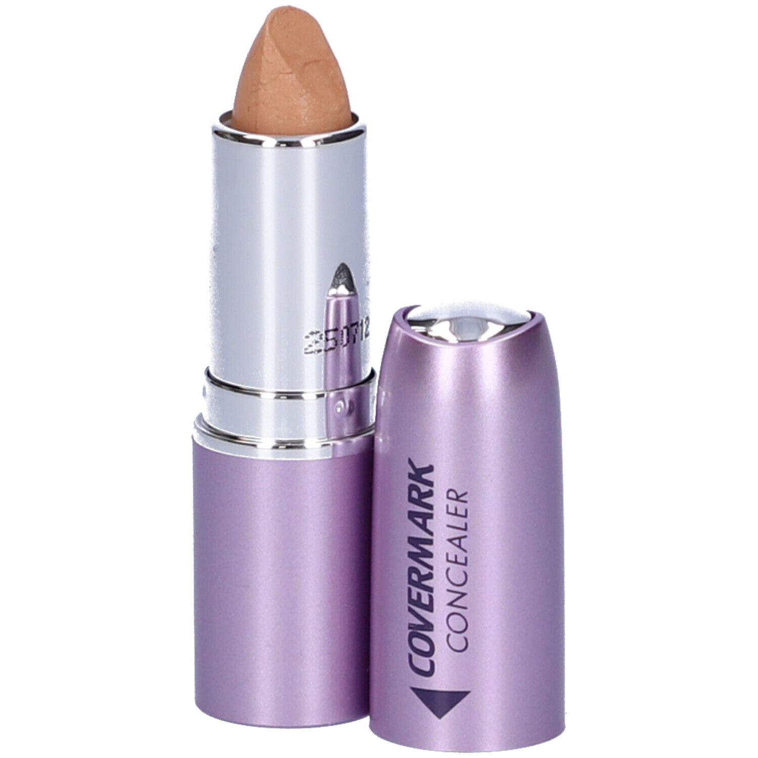 Covermark Correttore Stick, colore 5. Astuccio lilla, fusto argentato. Aperto, punta beige del correttore visibile.