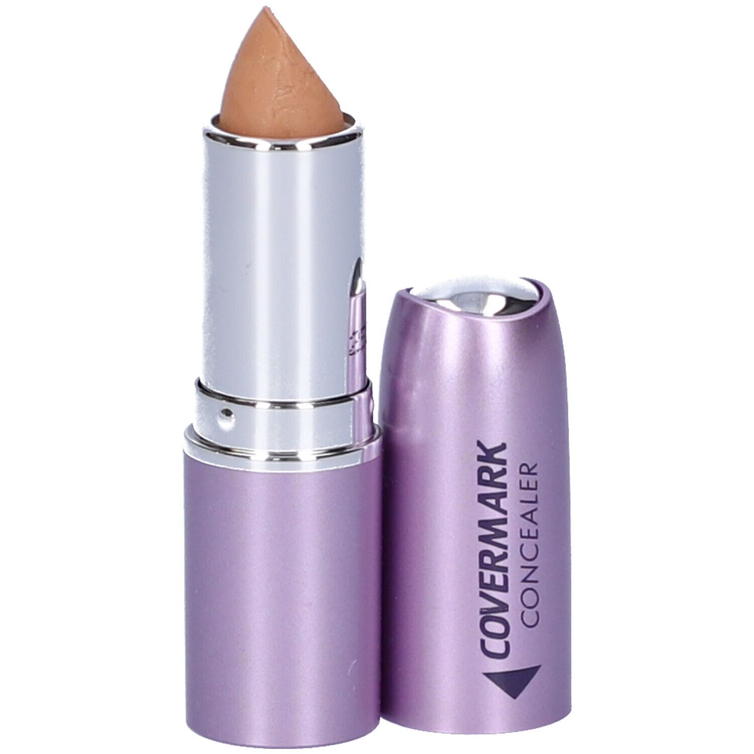 Covermark Correttore Stick, colore 5. Astuccio lilla, fusto argentato. Aperto, punta beige del correttore visibile.