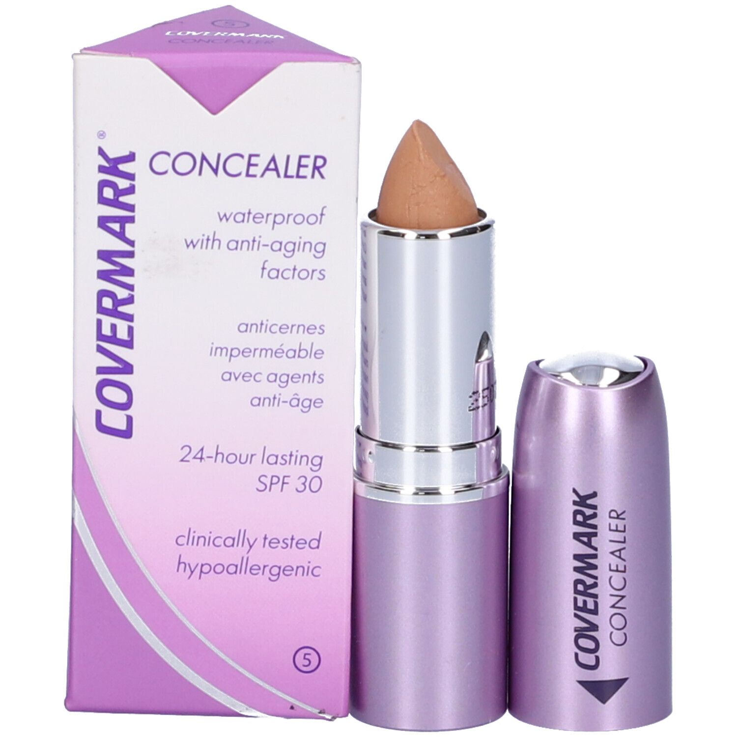 Covermark Correttore Stick, colore 5. Astuccio lilla, fusto argentato. Aperto, punta beige visibile. Scatola accanto.