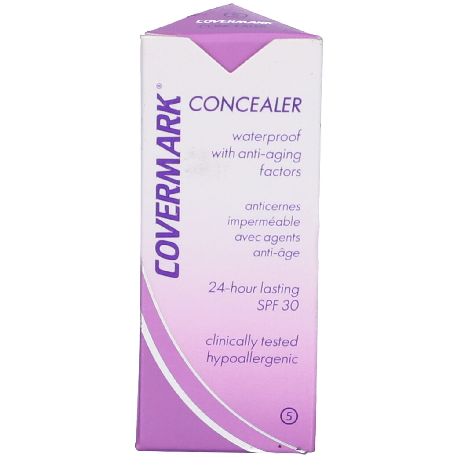 Scatola correttore Covermark, colore 5. Scatola lilla con nome e dettagli del prodotto. Nome e colore sulla scatola.