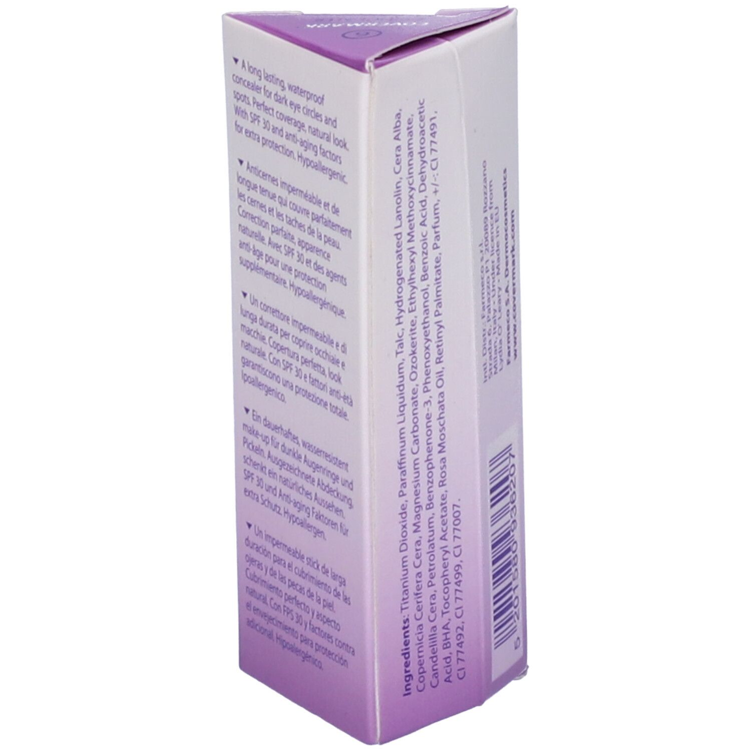 Retro della confezione. Ingredienti stampati e informazioni del produttore. Testo in più lingue.