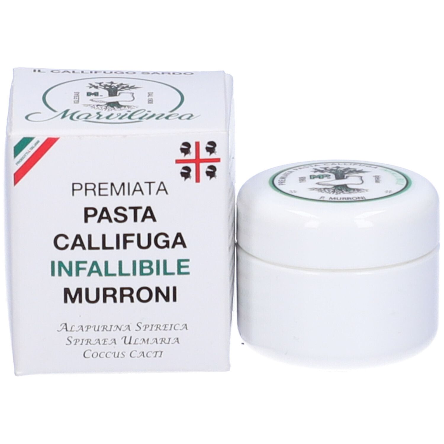 Weißer Tiegel und Schachtel. Auf der Schachtel Produktname und Logo. Text: Premiata Pasta Callifuga.