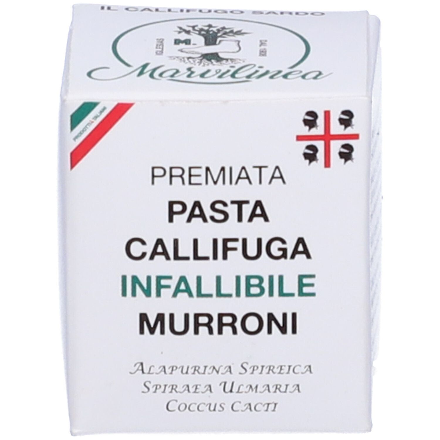 Weiße Schachtel mit Produktnamen und Logo. Text: Premiata Pasta Callifuga Infallibile Murroni.
