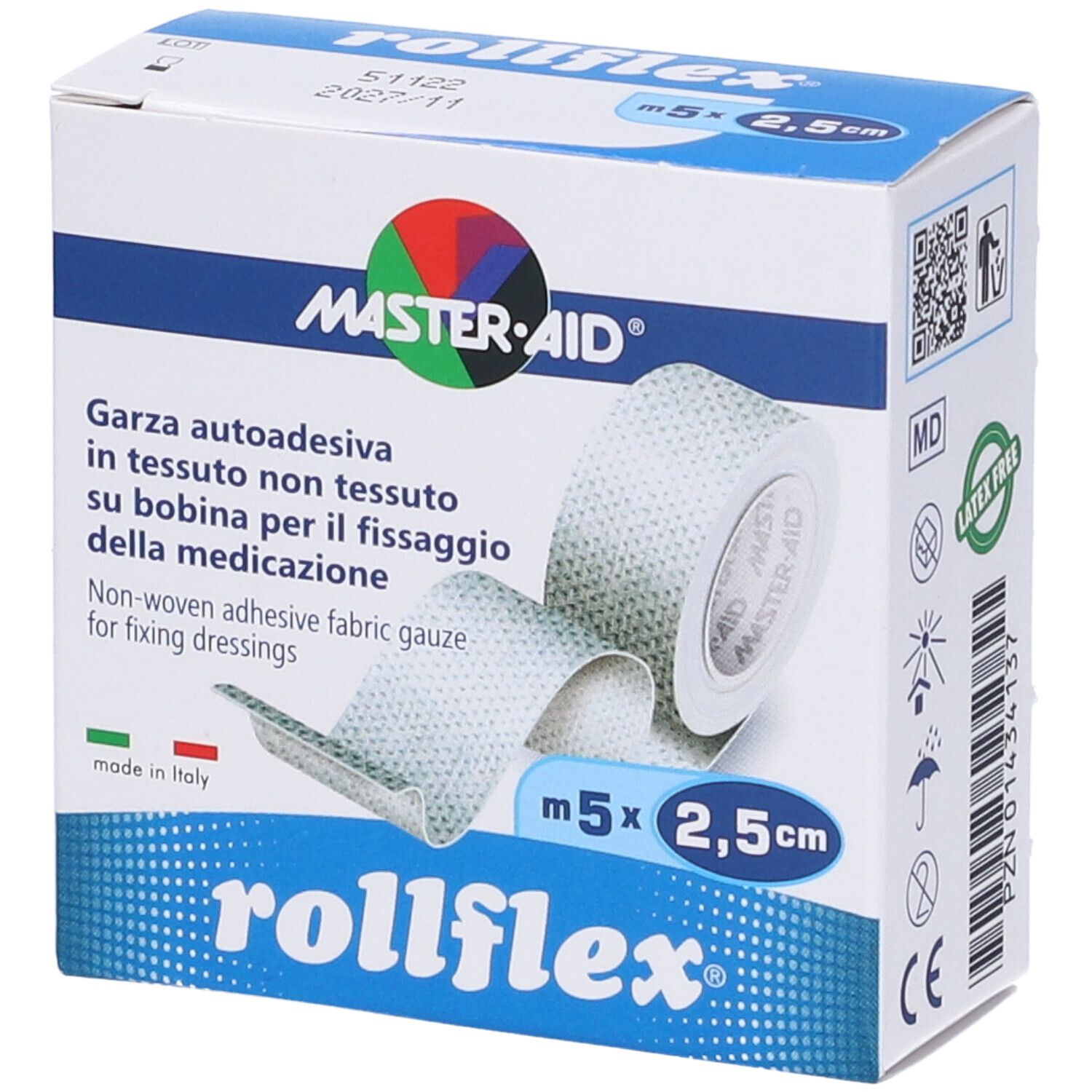 Verpackung von rollflex. Marke MASTER-AID. Enthält selbstklebende Gaze. Abmessungen: 5 m x 2,5 cm. Latex-frei.