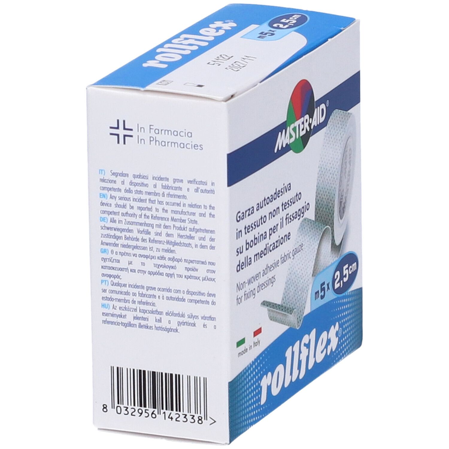 Verpackung von rollflex. Marke MASTER-AID. Enthält selbstklebende Gaze. Abmessungen: 5 m x 2,5 cm. Text in mehreren Sprachen.