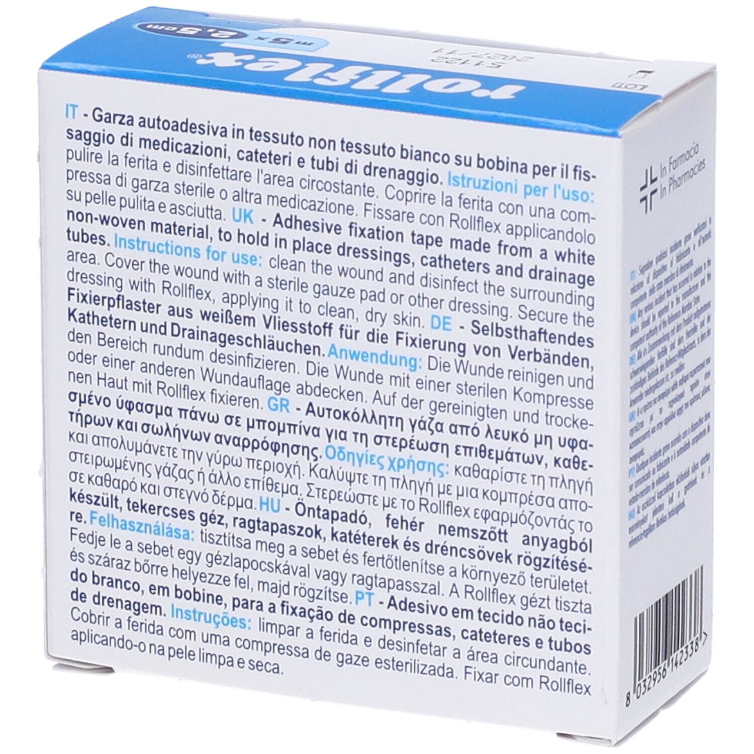 Rückseite der rollflex-Verpackung. Enthält Informationen in mehreren Sprachen. Abmessungen: 5 m x 2,5 cm.