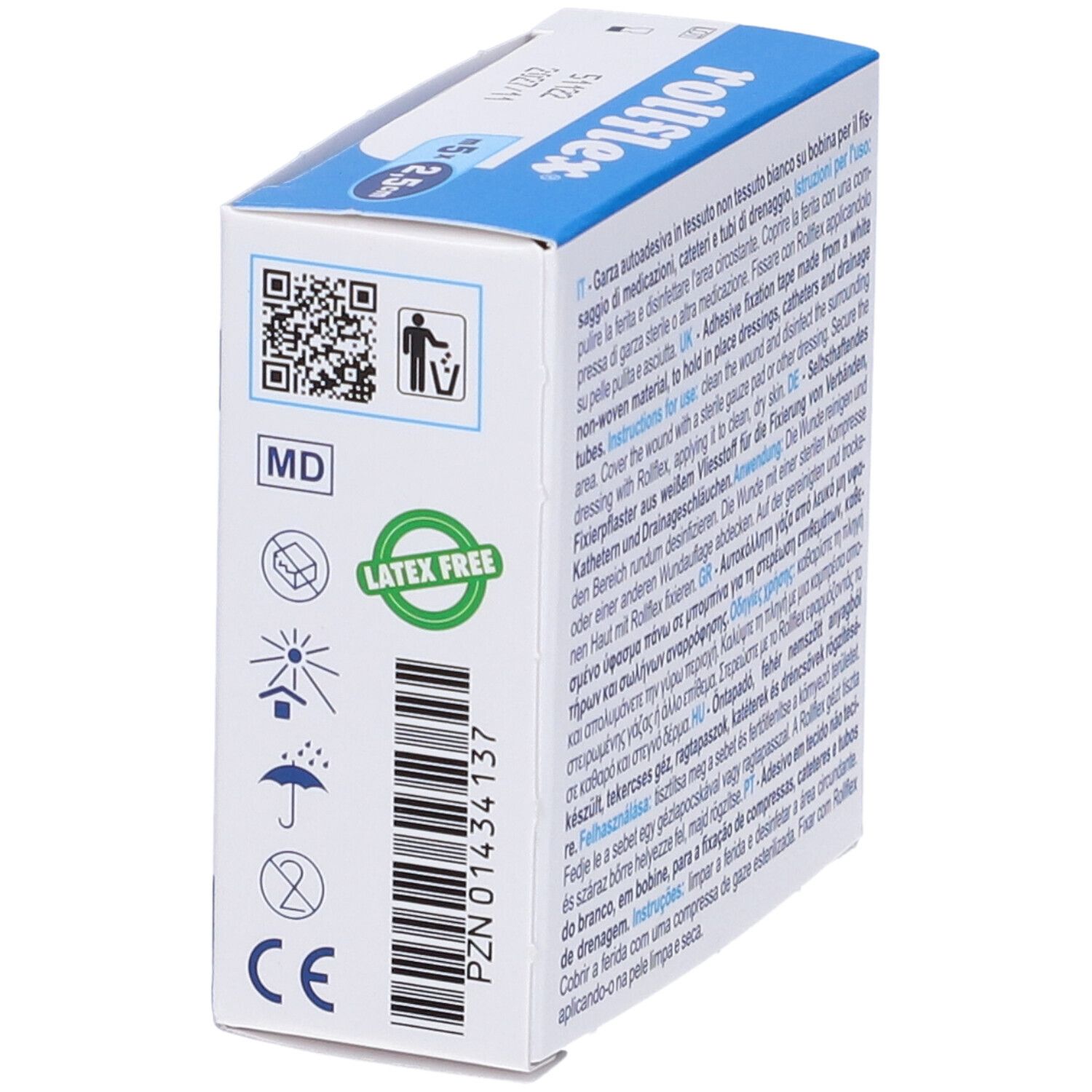 Seite der rollflex-Verpackung. Enthält Informationen und Symbole. Abmessungen: 5 m x 2,5 cm. Latex-frei.