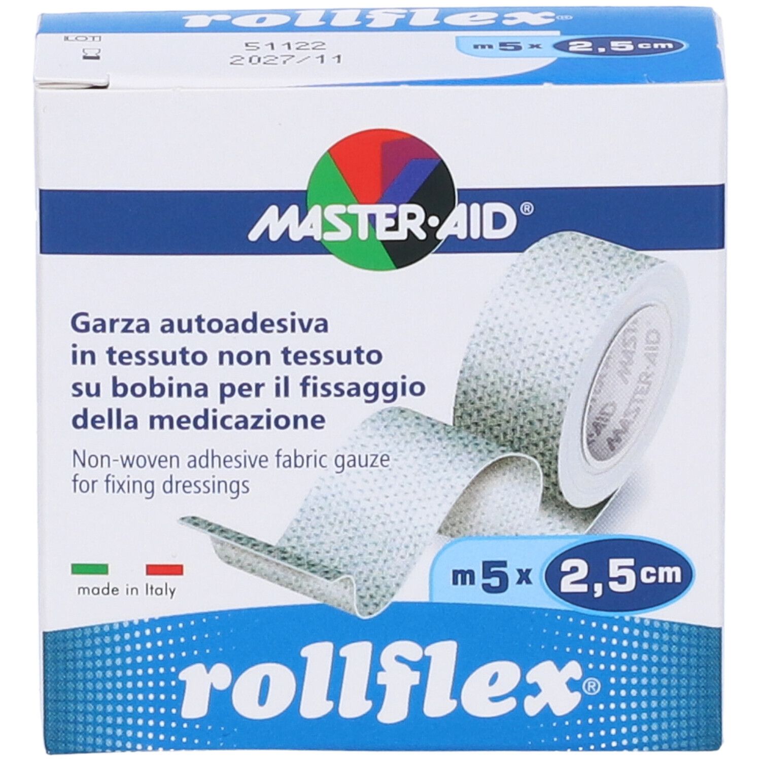 Verpackung von rollflex. Marke MASTER-AID. Enthält selbstklebende Gaze. Abmessungen: 5 m x 2,5 cm.