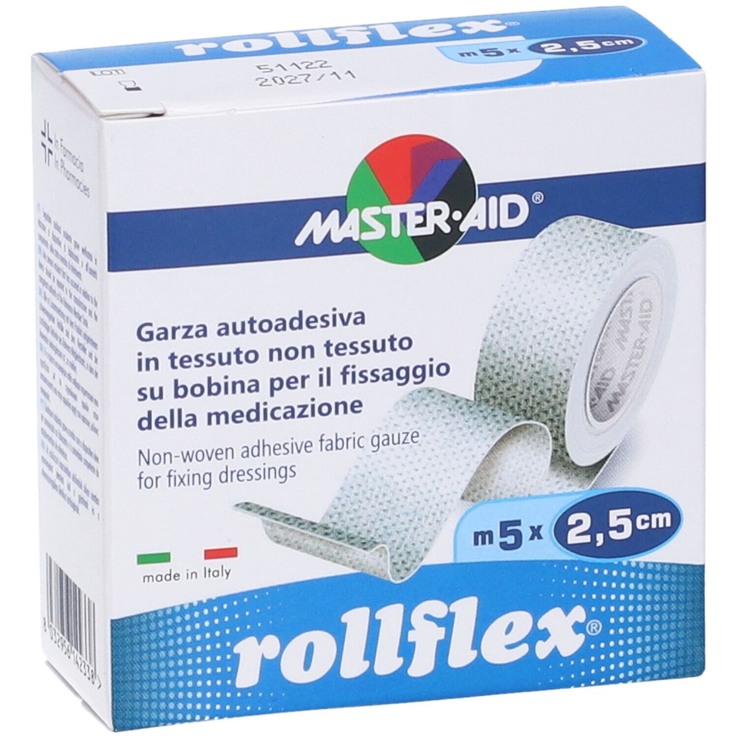 Verpackung von rollflex. Marke MASTER-AID. Enthält selbstklebende Gaze. Abmessungen: 5 m x 2,5 cm.
