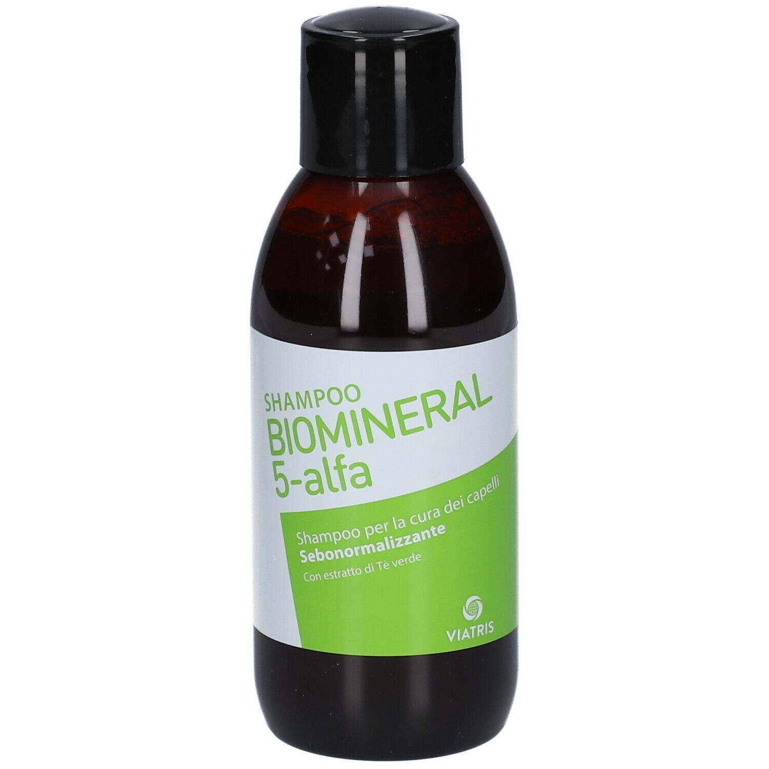 Flacon de shampooing BIOMINERAL 5-alpha. Flacon brun, bouchon noir. Texte : Shampooing, 5-alpha, pour le soin des cheveux.