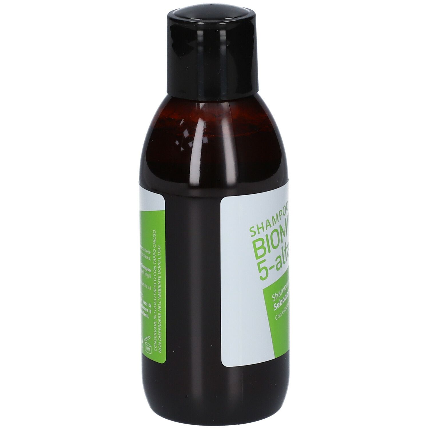 Flacon de shampooing BIOMINERAL 5-alpha. Flacon brun, bouchon noir. Texte : Shampooing, 5-alpha, pour le soin des cheveux.