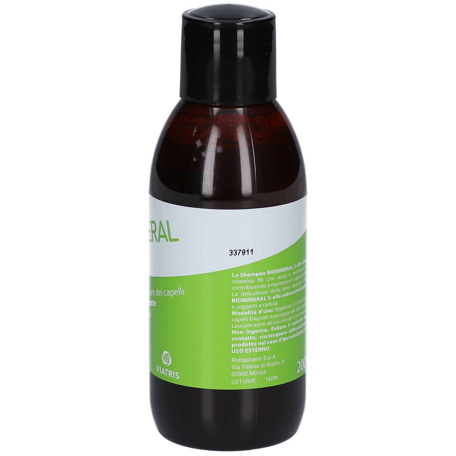 Flacon de shampooing BIOMINERAL 5-alpha. Flacon brun, bouchon noir. Texte : Shampooing, 5-alpha, 200 ml.