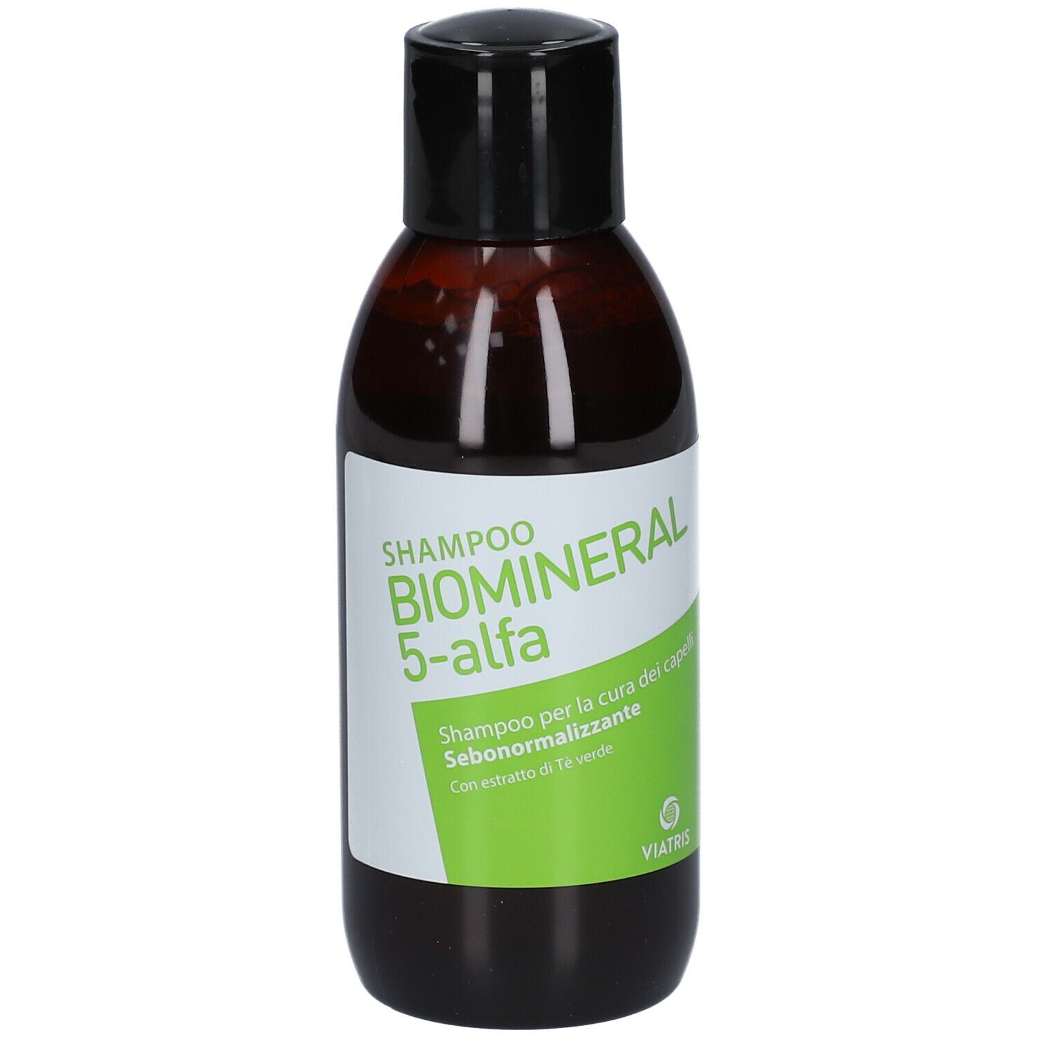 Flacon de shampooing BIOMINERAL 5-alpha. Flacon brun, bouchon noir. Texte : Shampooing, 5-alpha, pour le soin des cheveux.