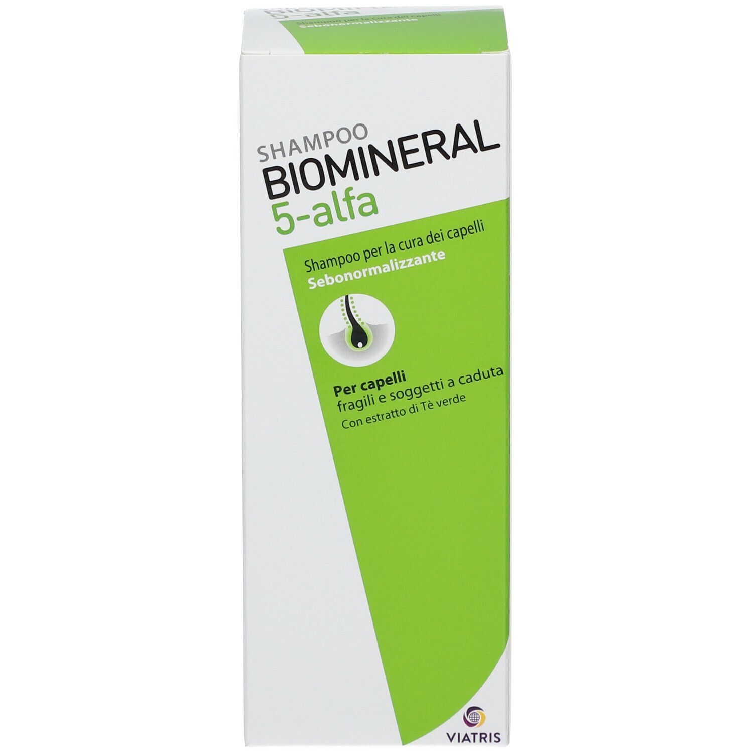 Emballage de shampooing BIOMINERAL 5-alpha. Blanc, vert. Texte : Shampooing, 5-alpha, pour le soin des cheveux, sébonormalisant.