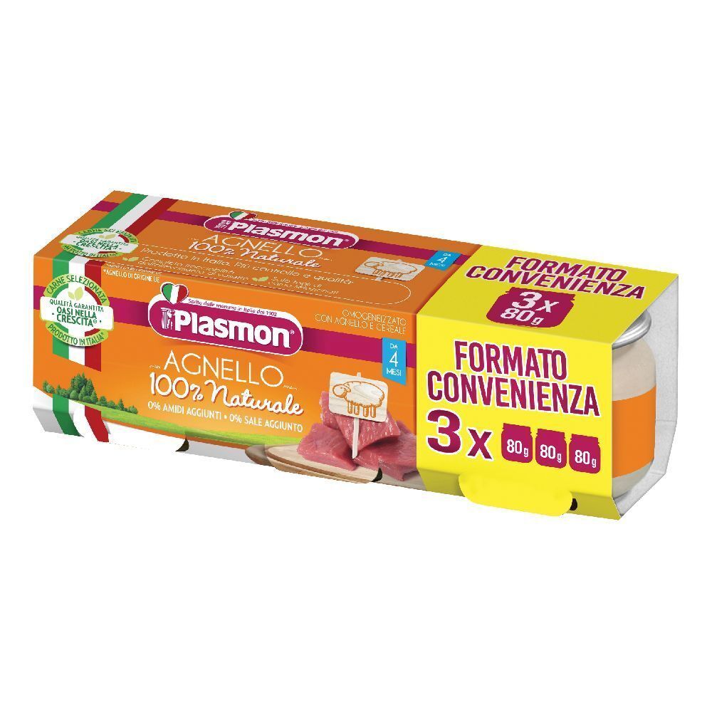 Confezione Plasmon Agnelo, 100% naturale. Contiene 3 vasetti. Confezione gialla e arancione con bandiera italiana.
