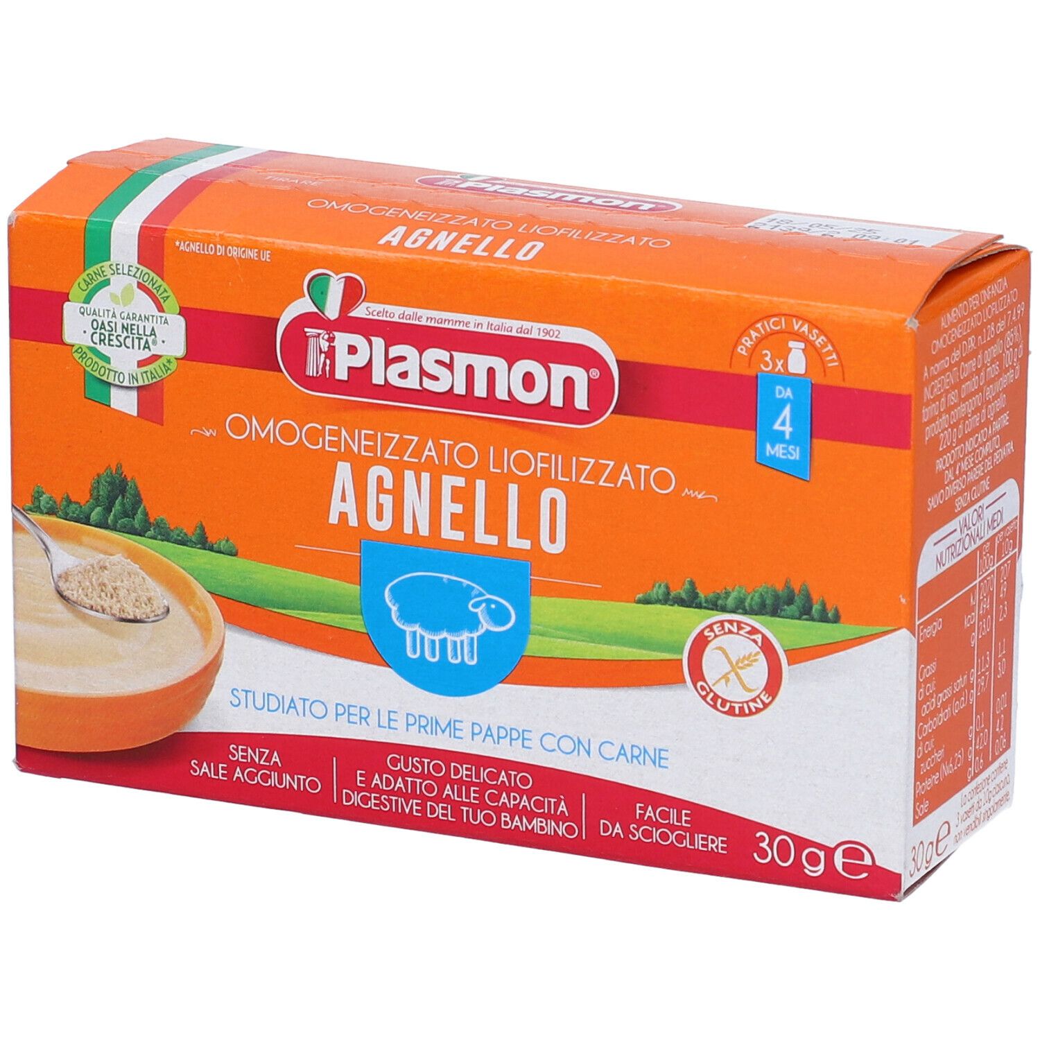 Scatola arancione con Plasmon Agnelo. Contiene 30g. Con immagine di agnello e testo in italiano.