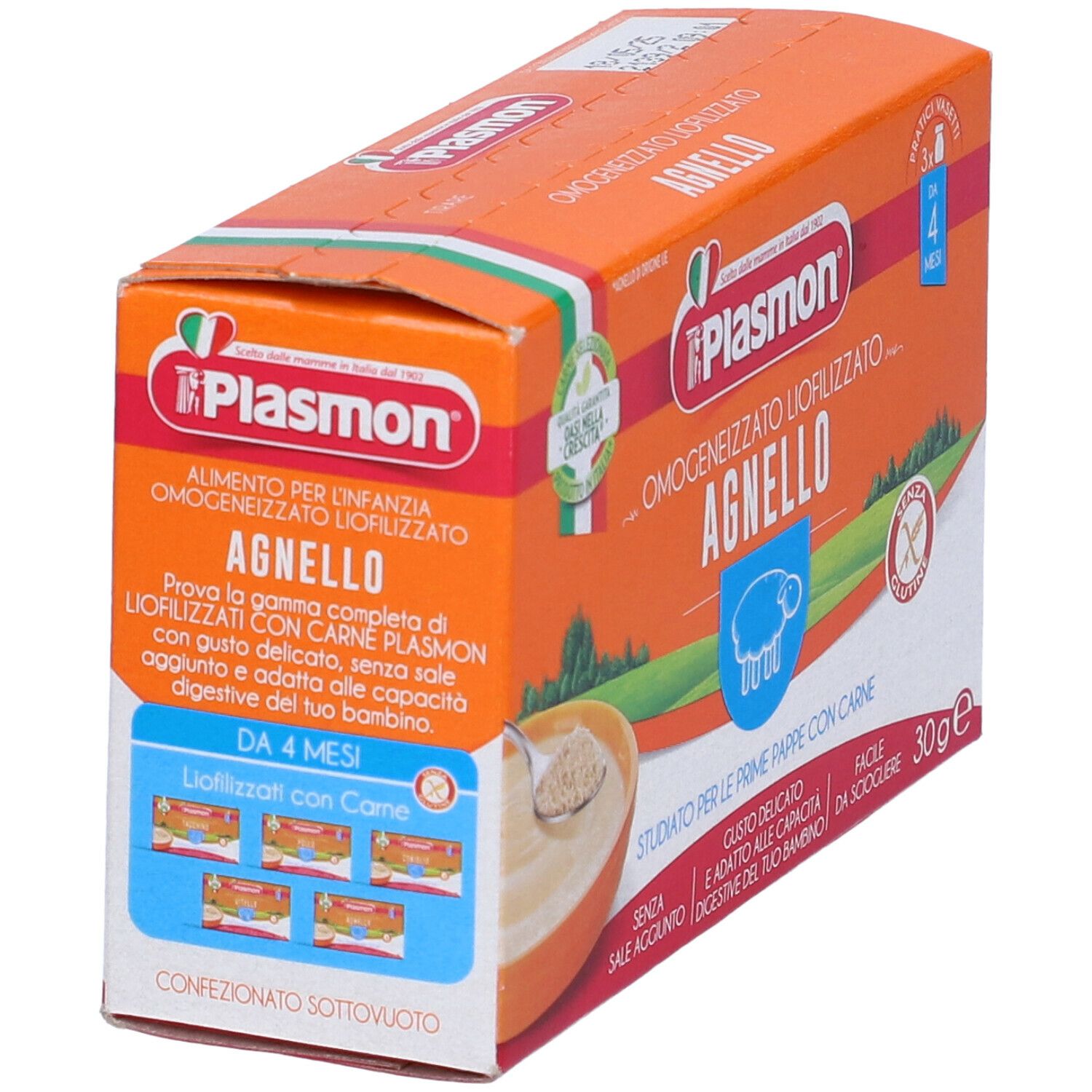 Scatola arancione con Plasmon Agnelo. Contiene 30g. Con immagine di agnello e testo in italiano.