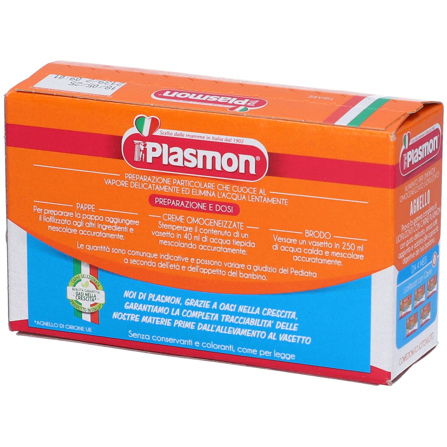 Retro della scatola arancione con Plasmon Agnelo. Contiene informazioni sulla preparazione e il dosaggio.