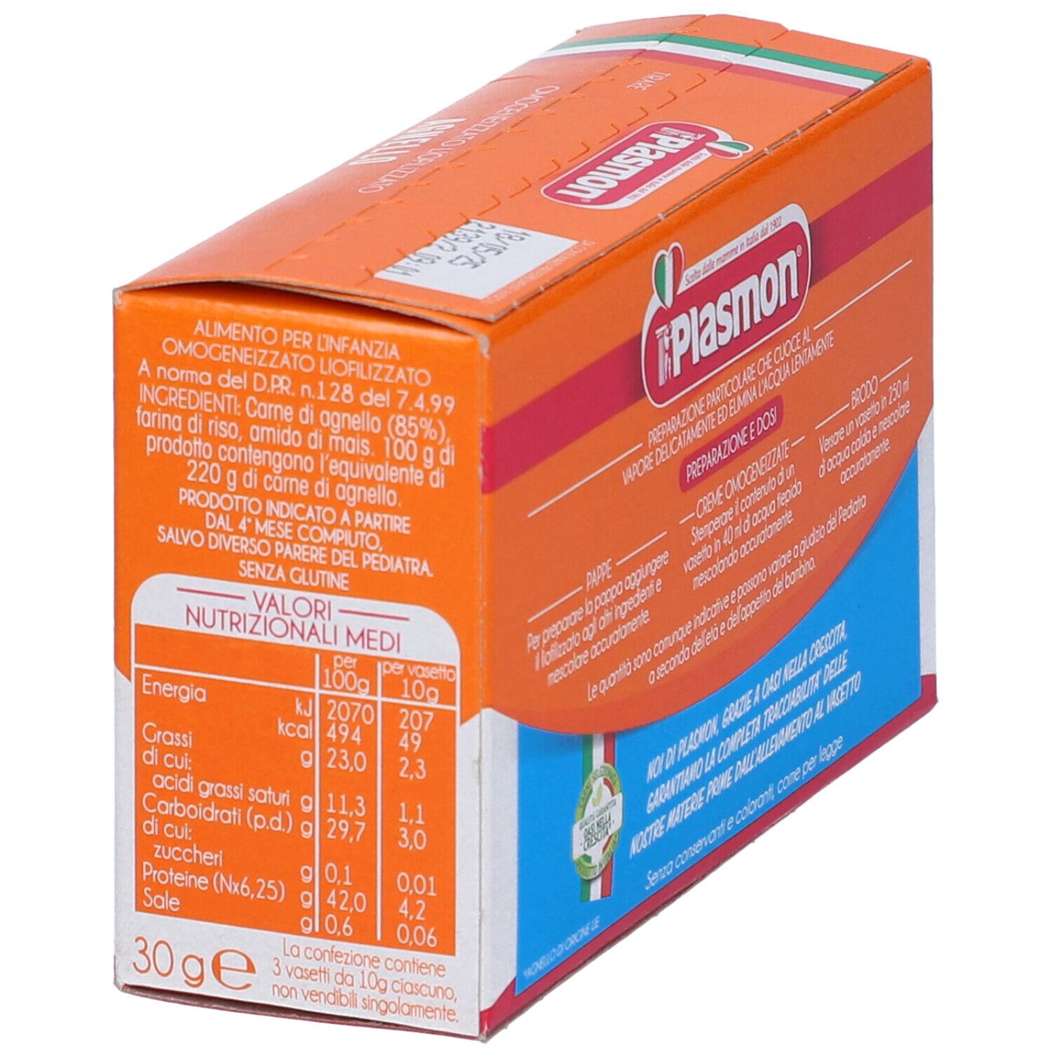 Lato della scatola arancione con Plasmon Agnelo. Contiene informazioni nutrizionali e lista ingredienti.