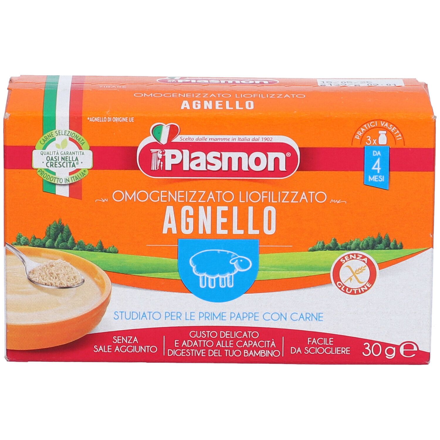 Scatola arancione con Plasmon Agnelo. Contiene 30g. Con immagine di agnello e testo in italiano.