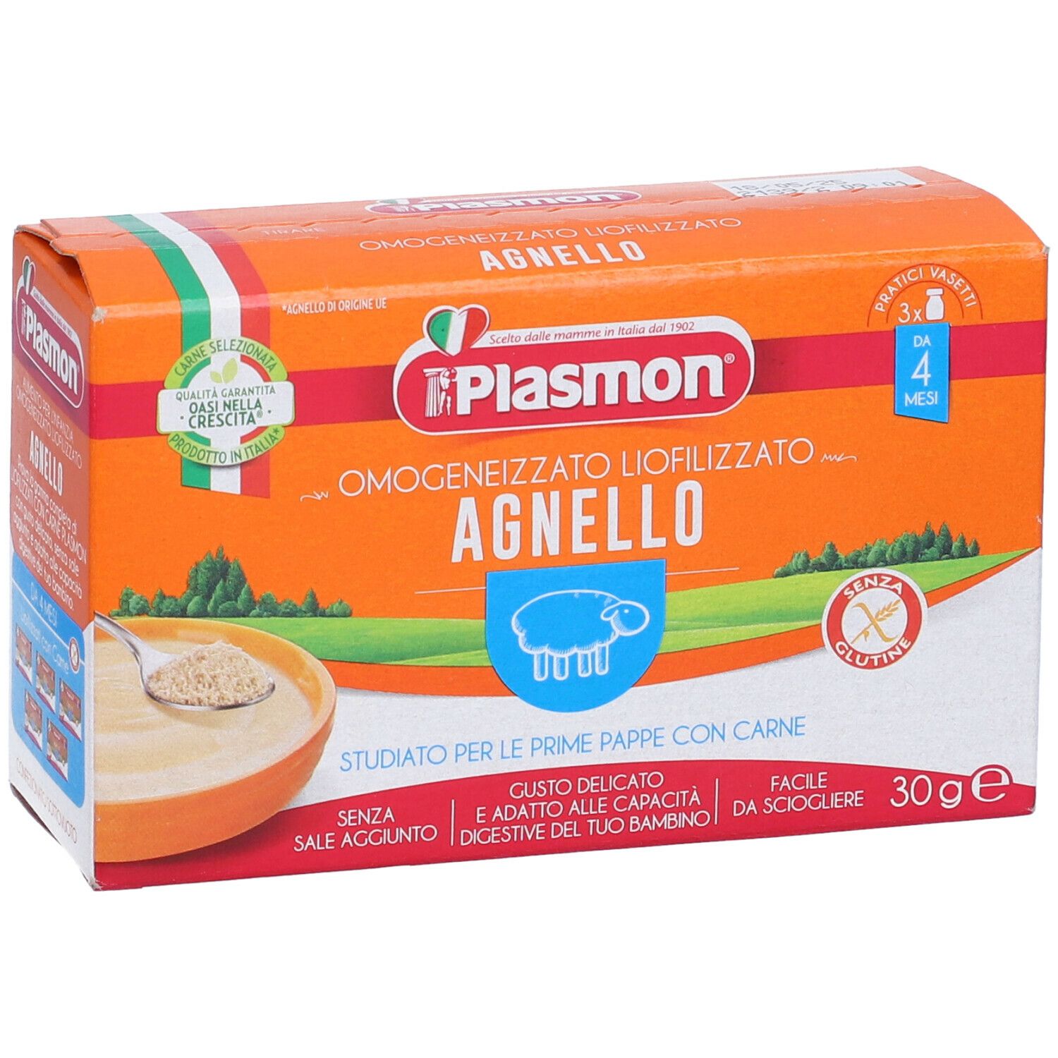 Scatola arancione con Plasmon Agnelo. Contiene 30g. Con immagine di agnello e testo in italiano.