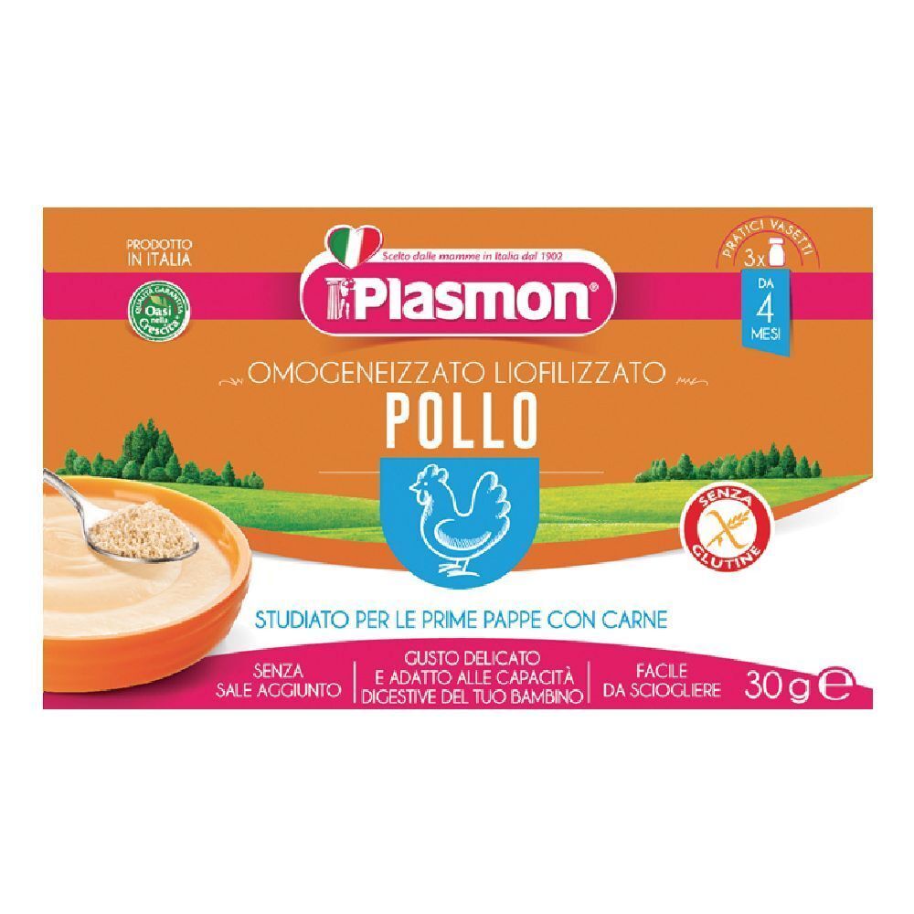 Scatola arancione con logo Plasmon e testo. Contiene Omogeneizzato Liofilizzato Pollo. Da 4 mesi. Senza glutine.
