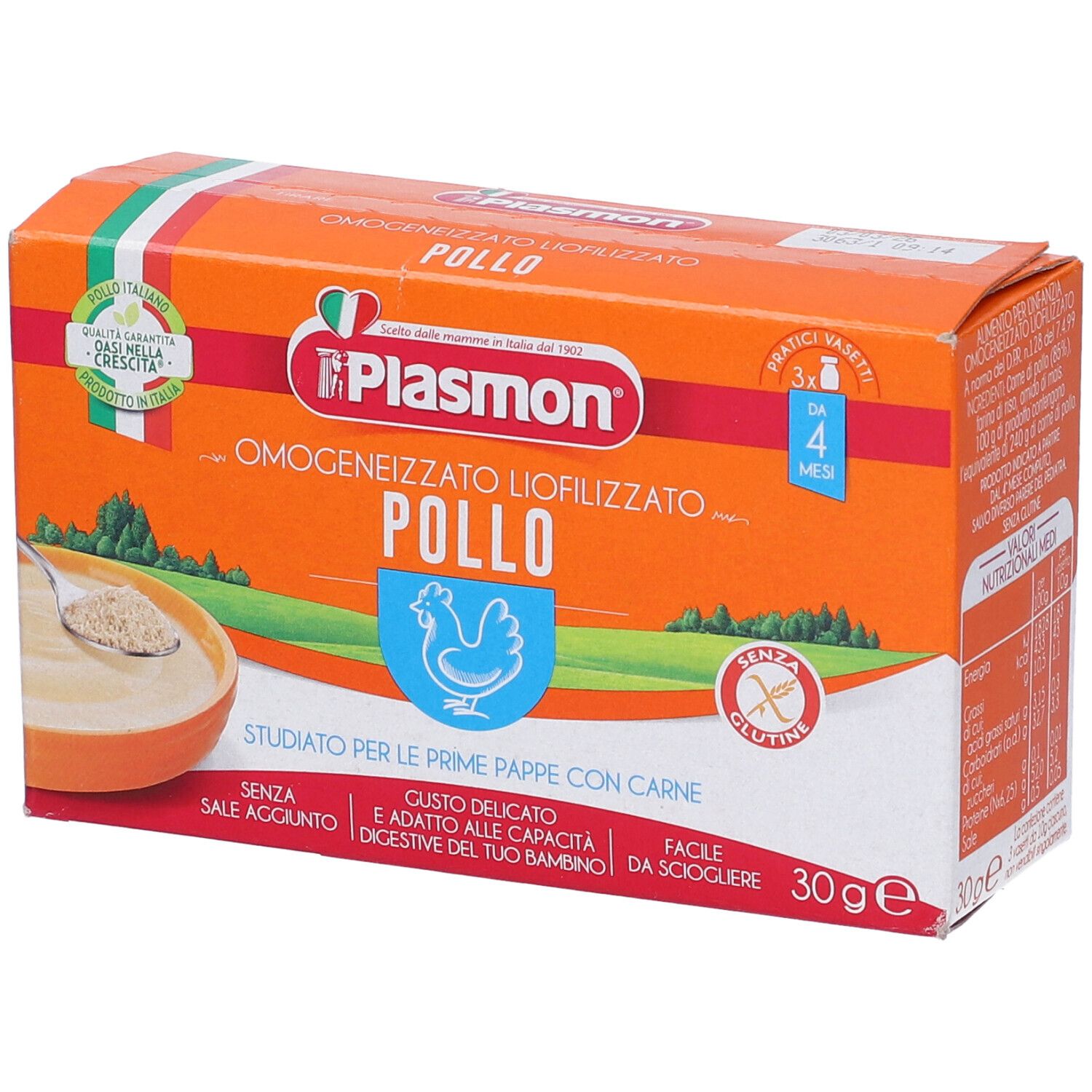Scatola arancione con logo Plasmon e testo. Omogeneizzato Liofilizzato Pollo. Da 4 mesi. Senza glutine. Vista prospettica.