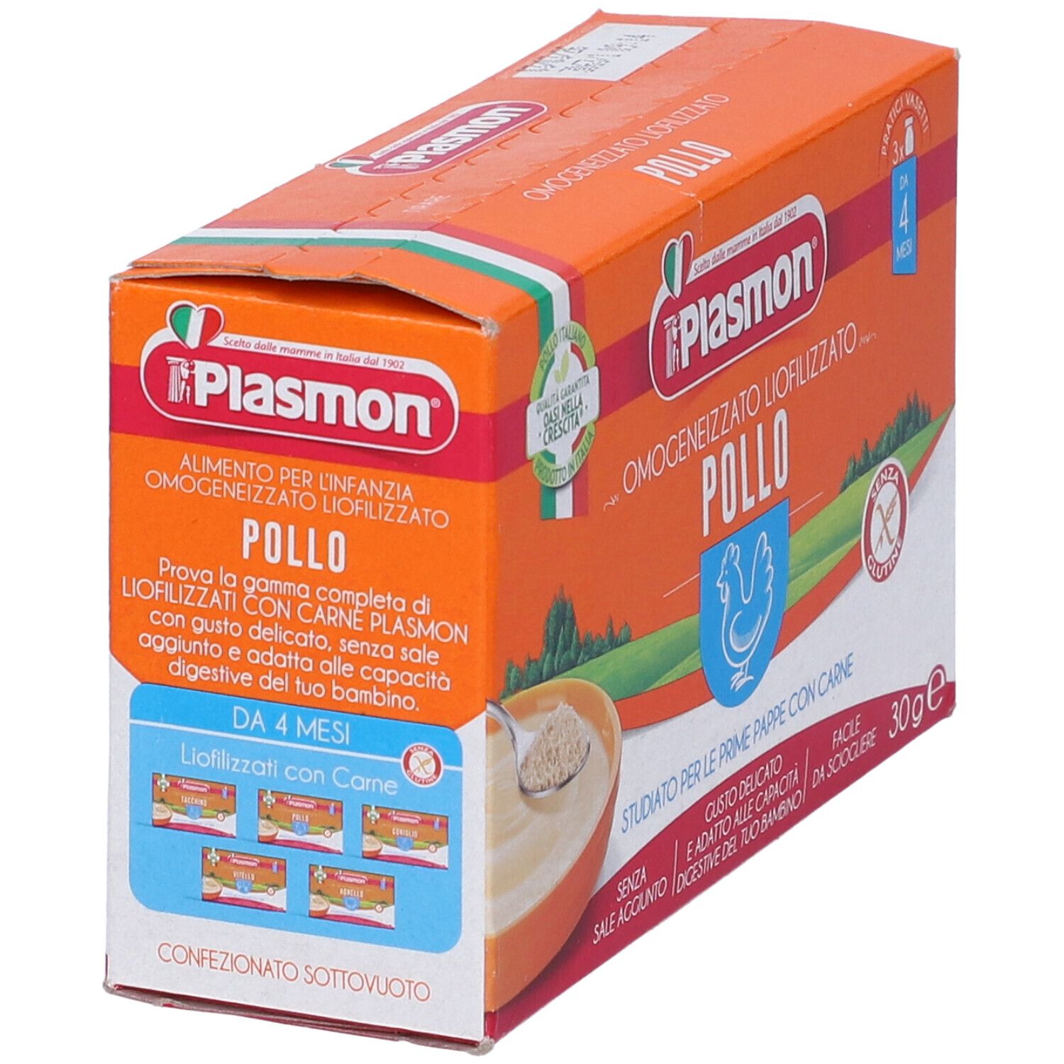 Scatola arancione con logo Plasmon e testo. Omogeneizzato Liofilizzato Pollo. Da 4 mesi. Senza glutine. Vista prospettica.