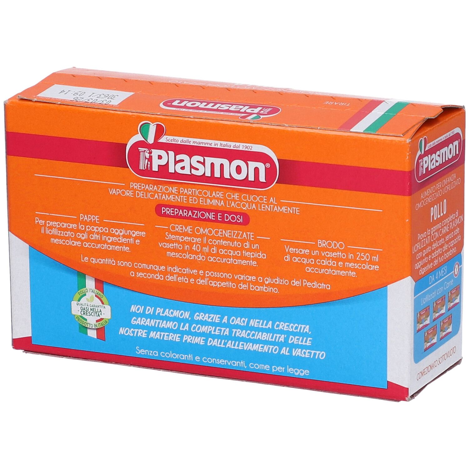 Scatola arancione con logo Plasmon e testo. Omogeneizzato Liofilizzato Pollo. Da 4 mesi. Retro con istruzioni per la preparazione.