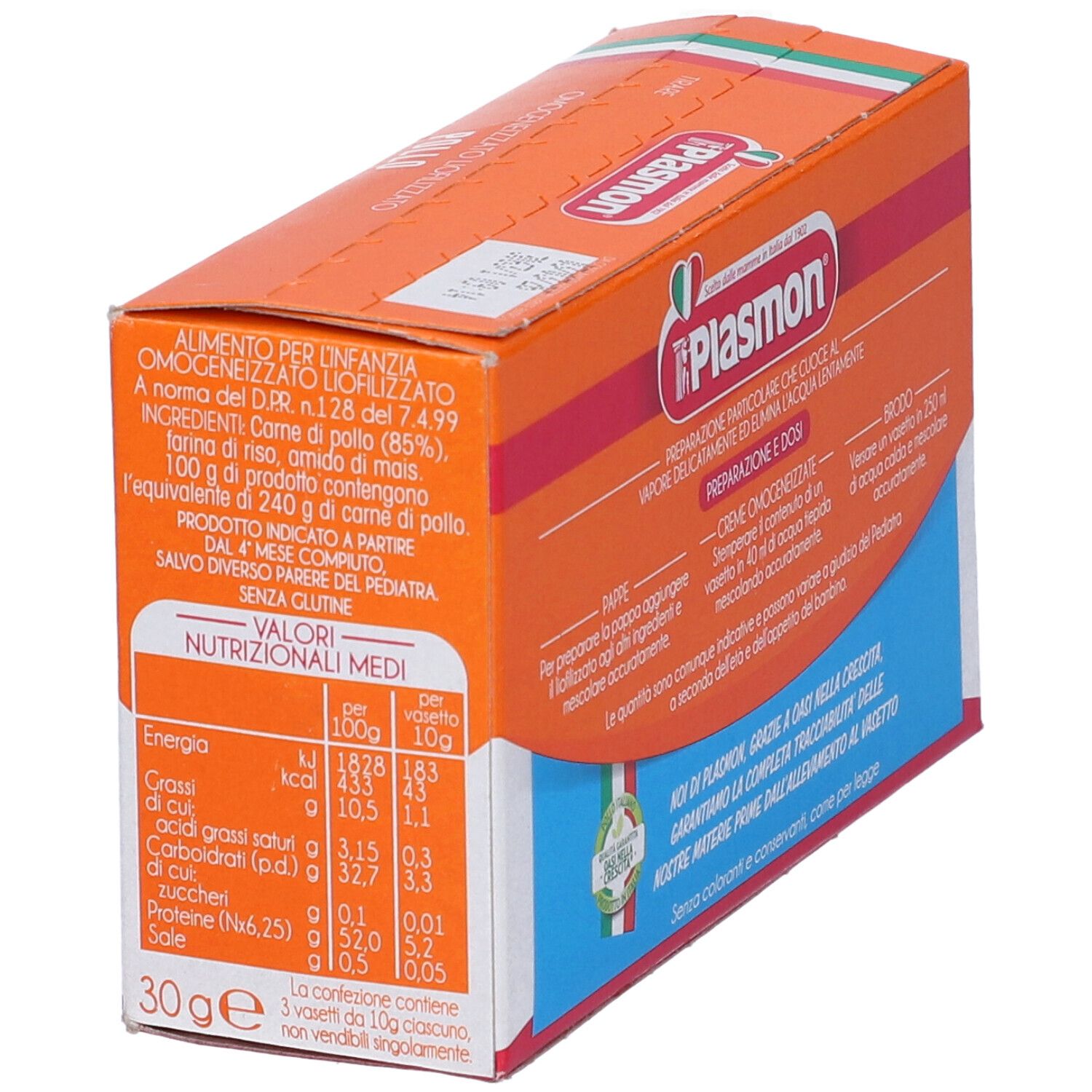Scatola arancione con logo Plasmon e testo. Omogeneizzato Liofilizzato Pollo. Da 4 mesi. Retro con informazioni nutrizionali.