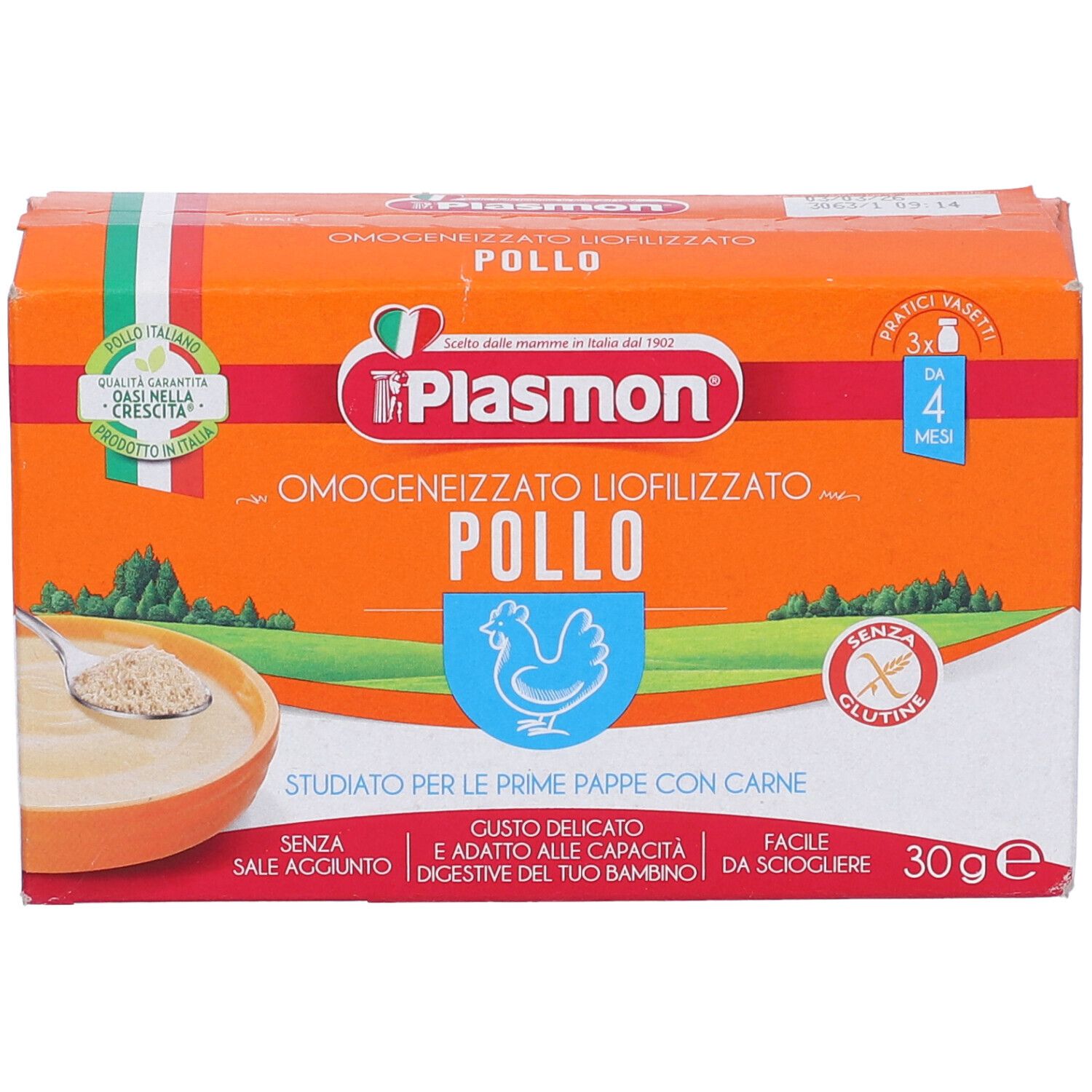 Scatola arancione con logo Plasmon e testo. Omogeneizzato Liofilizzato Pollo. Da 4 mesi. Senza glutine. Vista del prodotto.