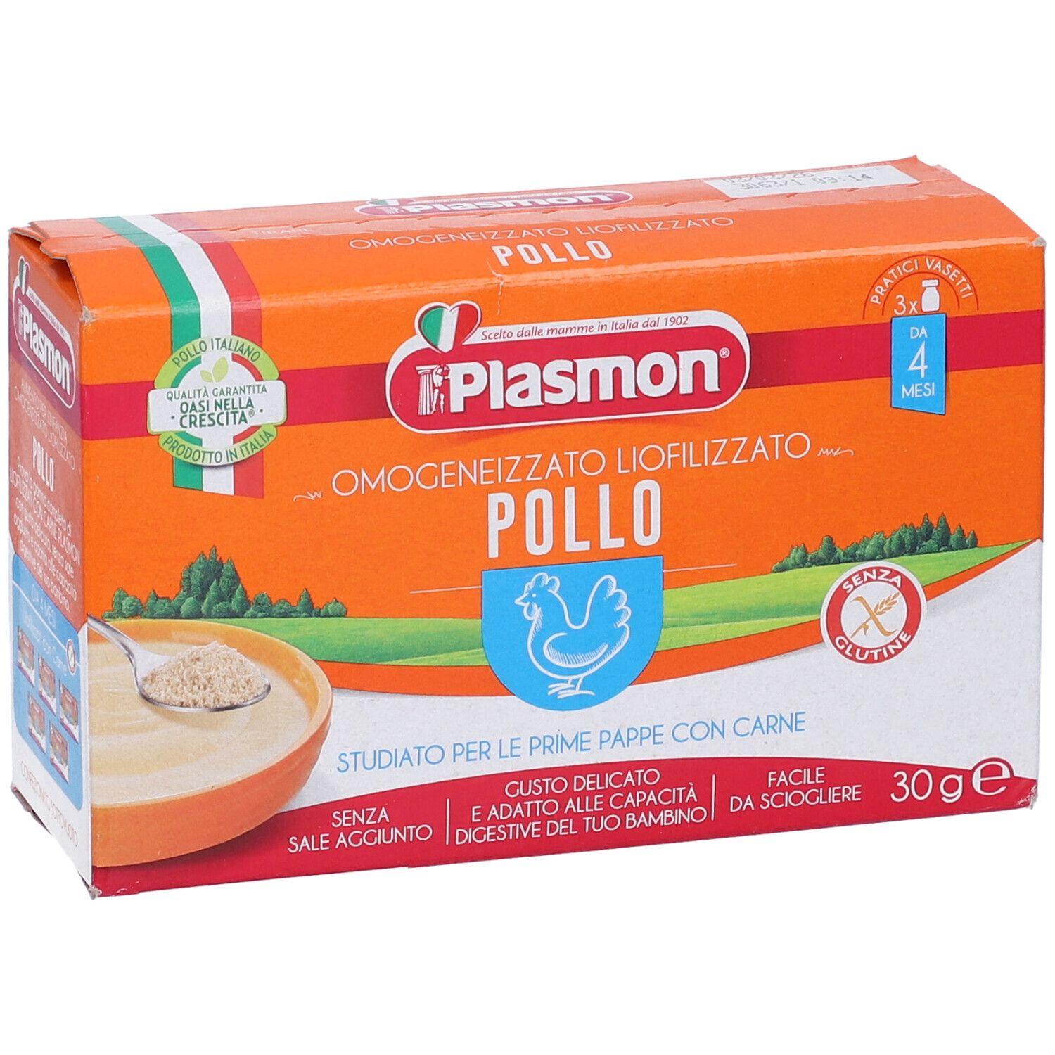 Scatola arancione con logo Plasmon e testo. Omogeneizzato Liofilizzato Pollo. Da 4 mesi. Senza glutine. Vista del prodotto.