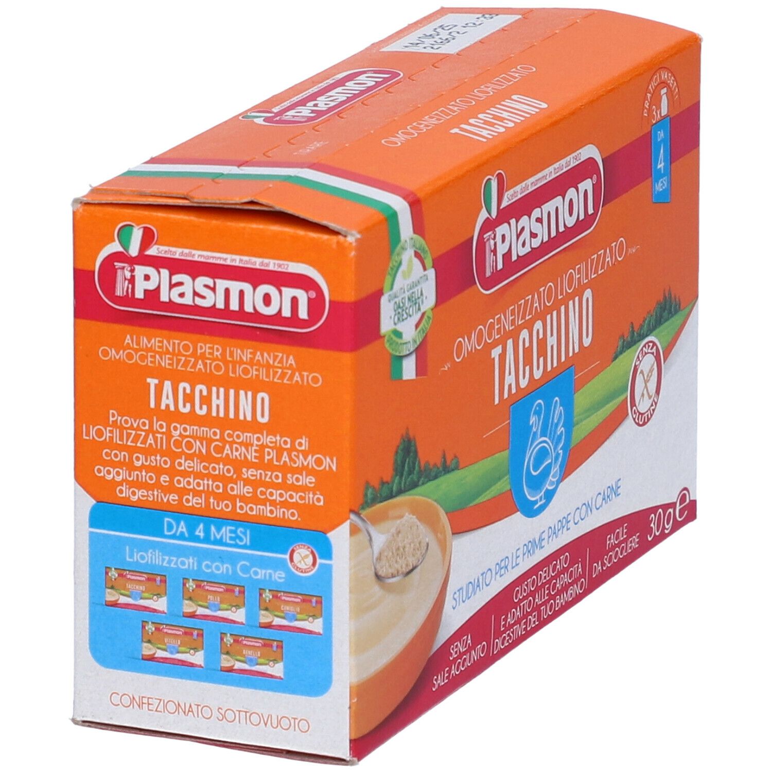 Scatola con logo Plasmon e testo. Omogeneizzato di tacchino liofilizzato. Da 4 mesi. 30g. Vista laterale.