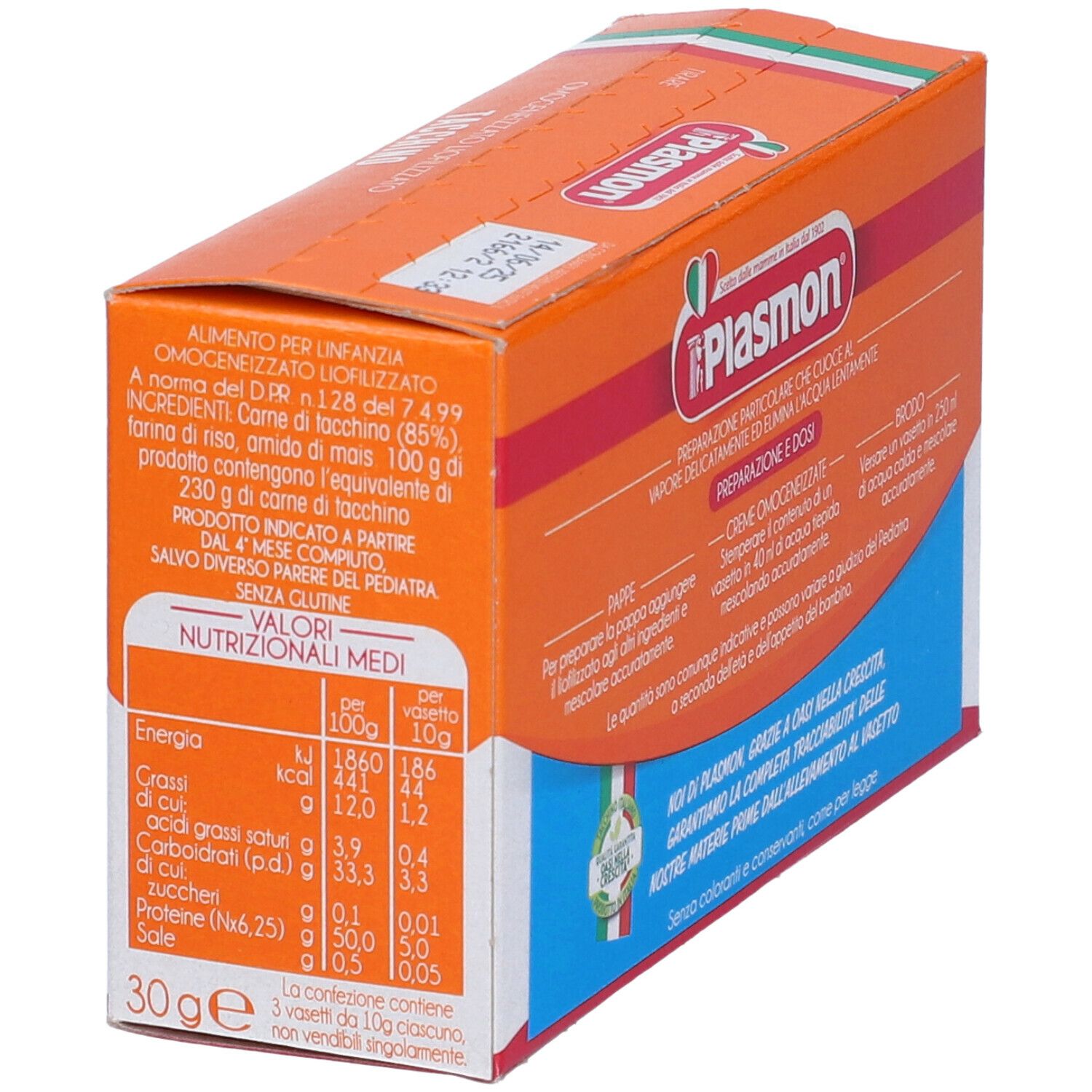 Scatola arancione con logo Plasmon e testo. Valori nutrizionali per omogeneizzato di tacchino liofilizzato. 30g.