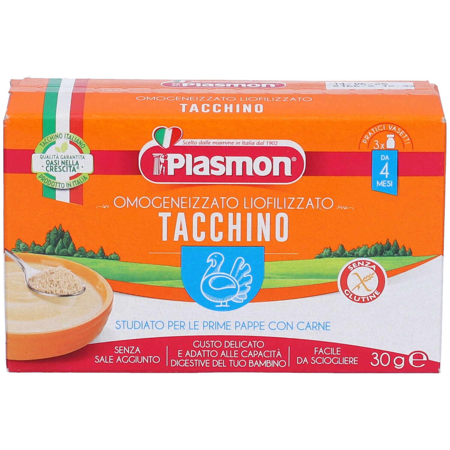Scatola arancione con logo Plasmon e testo. Omogeneizzato di tacchino liofilizzato. Senza glutine. 30g. Vista prodotto.