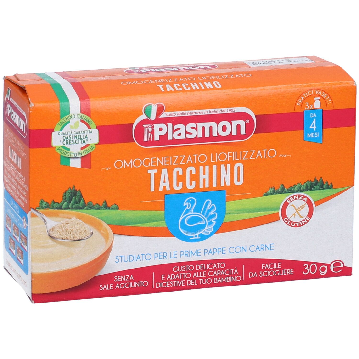 Scatola arancione con logo Plasmon e testo. Omogeneizzato di tacchino liofilizzato. Senza glutine. 30g. Vista prodotto.