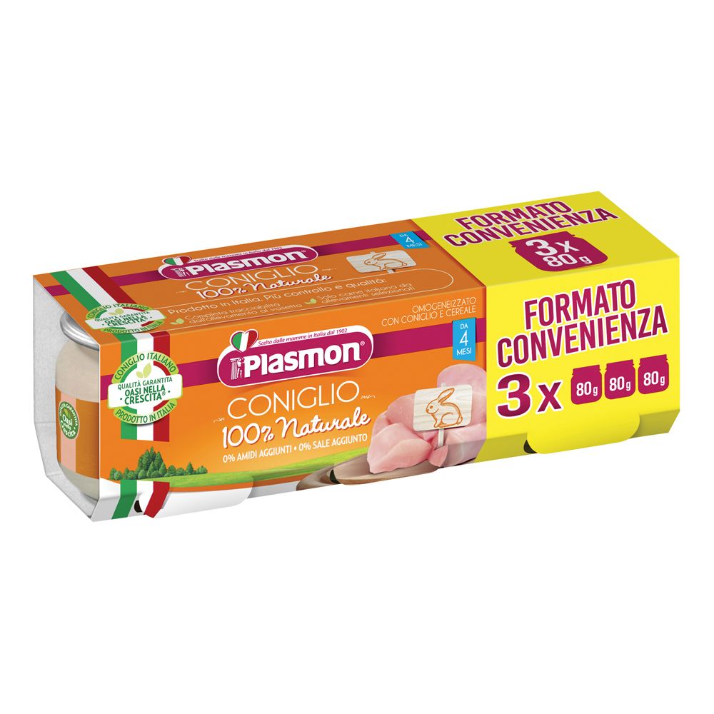 Confezione di omogeneizzato Plasmon Coniglio 100% Naturale. Contiene 3 vasetti e confezione gialla con scritta 'Formato convenienza'.