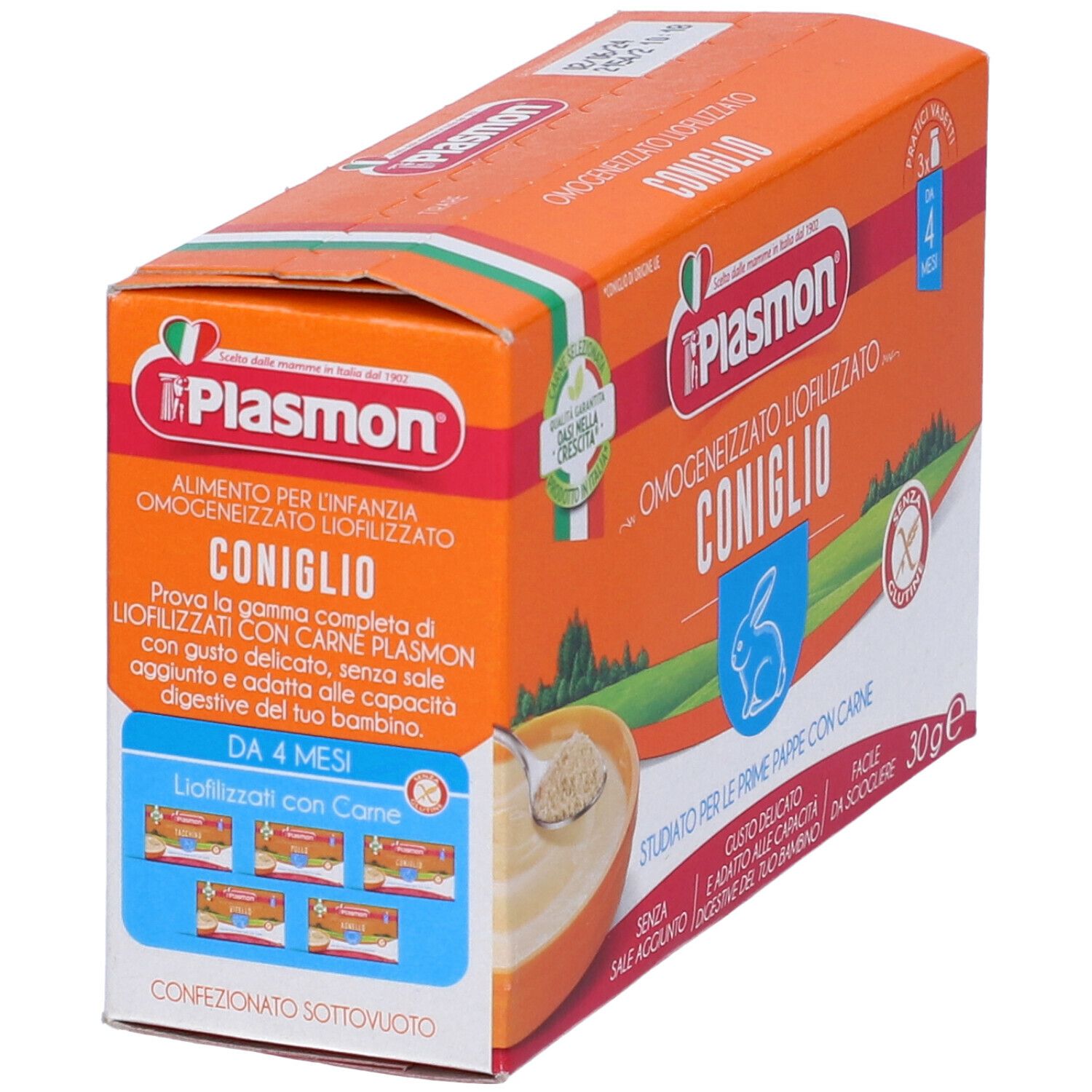 Scatola arancione di omogeneizzato Plasmon Coniglio. Immagine di un cucchiaio con pappa e logo coniglio.
