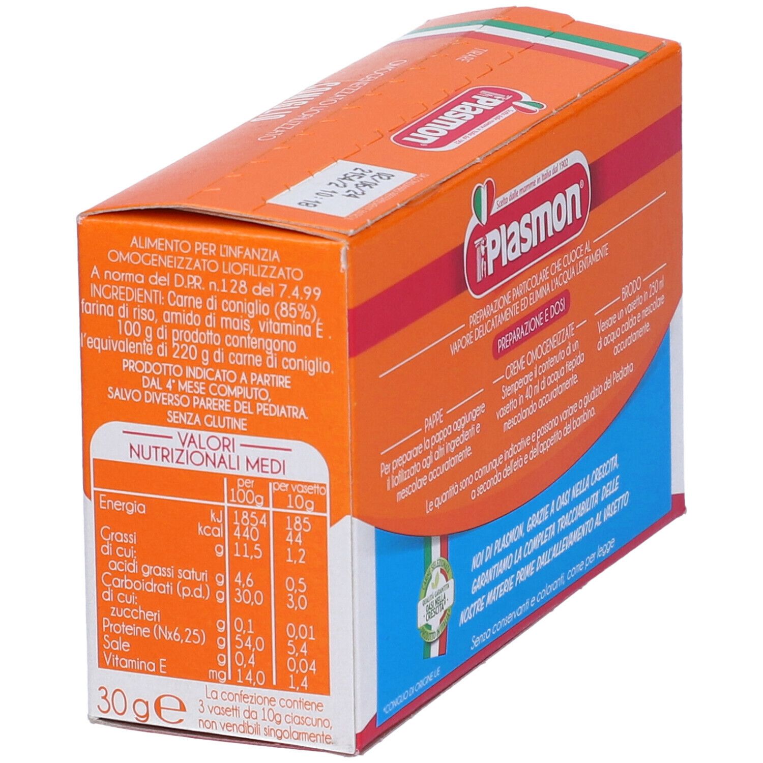 Scatola arancione di omogeneizzato Plasmon Coniglio. Informazioni nutrizionali e lista ingredienti.