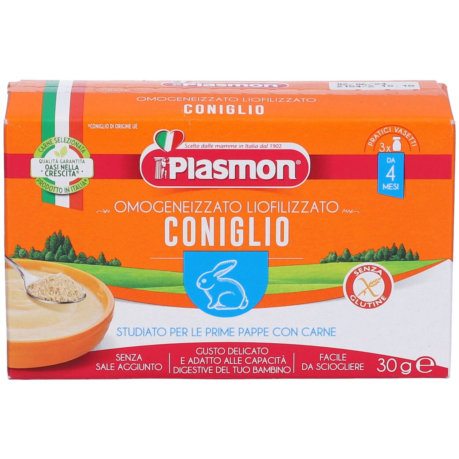Scatola arancione di omogeneizzato Plasmon Coniglio. Immagine di un cucchiaio con pappa e logo coniglio.