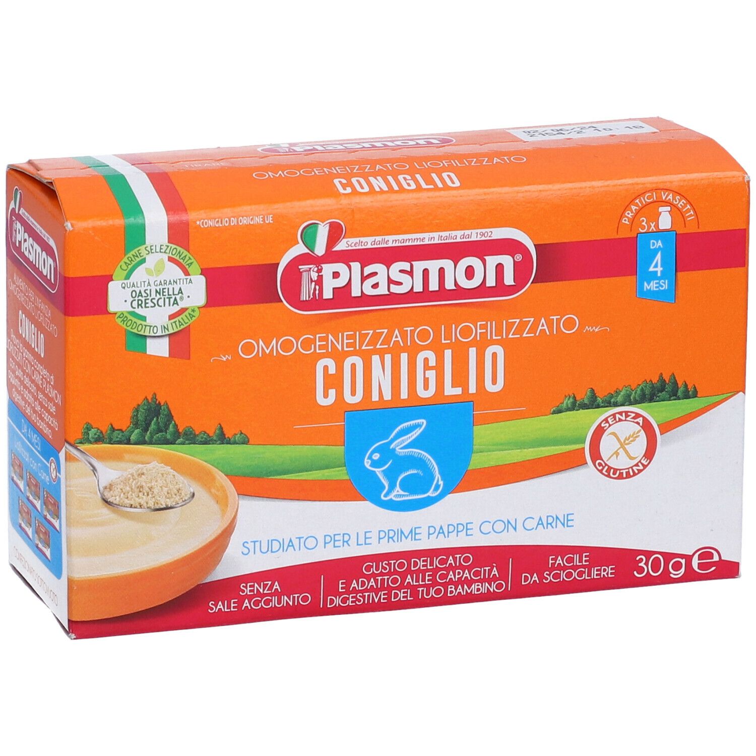 Scatola arancione di omogeneizzato Plasmon Coniglio. Immagine di un cucchiaio con pappa e logo coniglio.