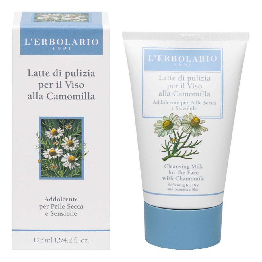Tubo e confezione di latte detergente. Scritta: L'Erbolario, Latte di pulizia per il Viso alla Camomilla. Illustrazione di fiori di camomilla.