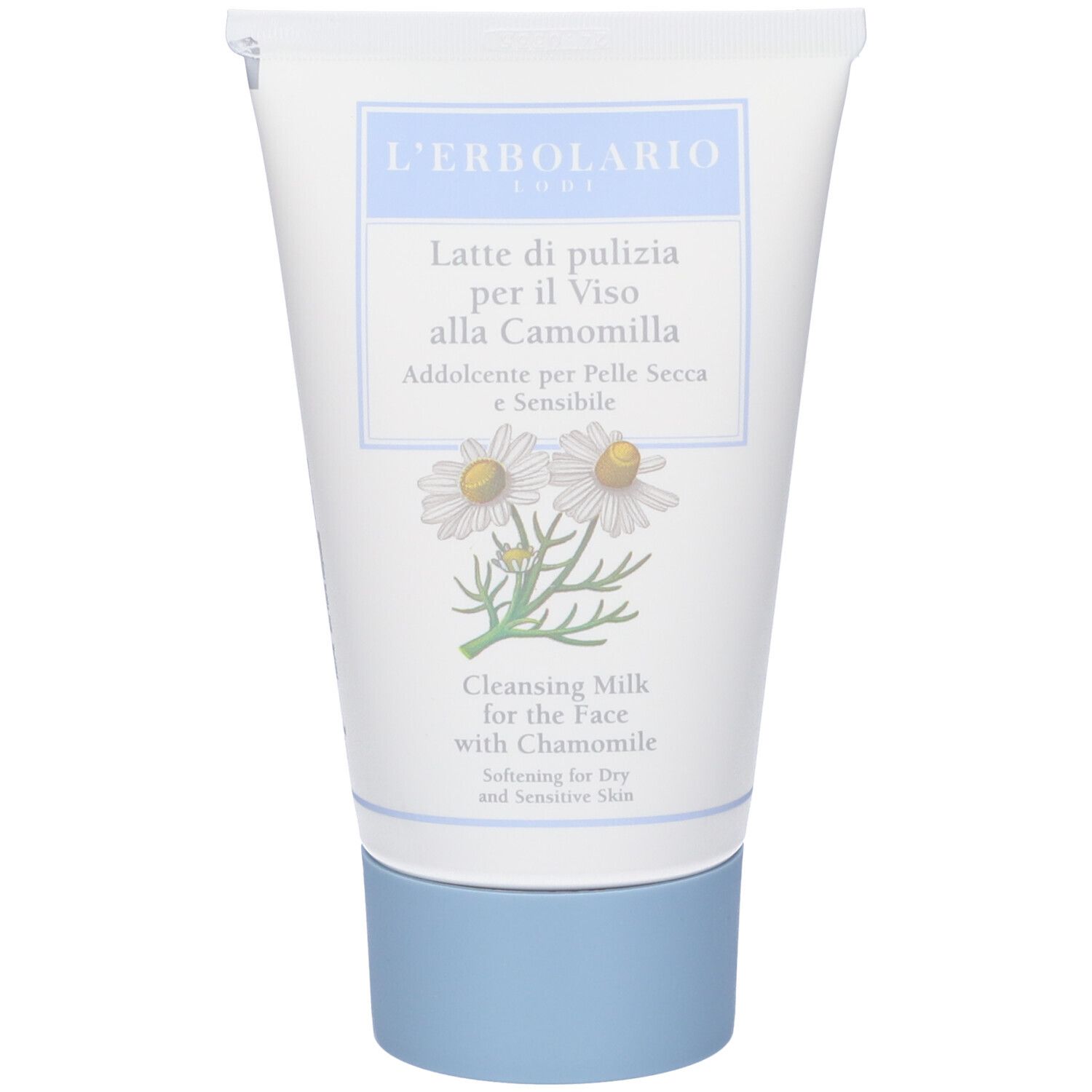 Tubo bianco con tappo blu. Scritta: L'Erbolario, Latte di pulizia per il Viso alla Camomilla. Illustrazione di fiori di camomilla.